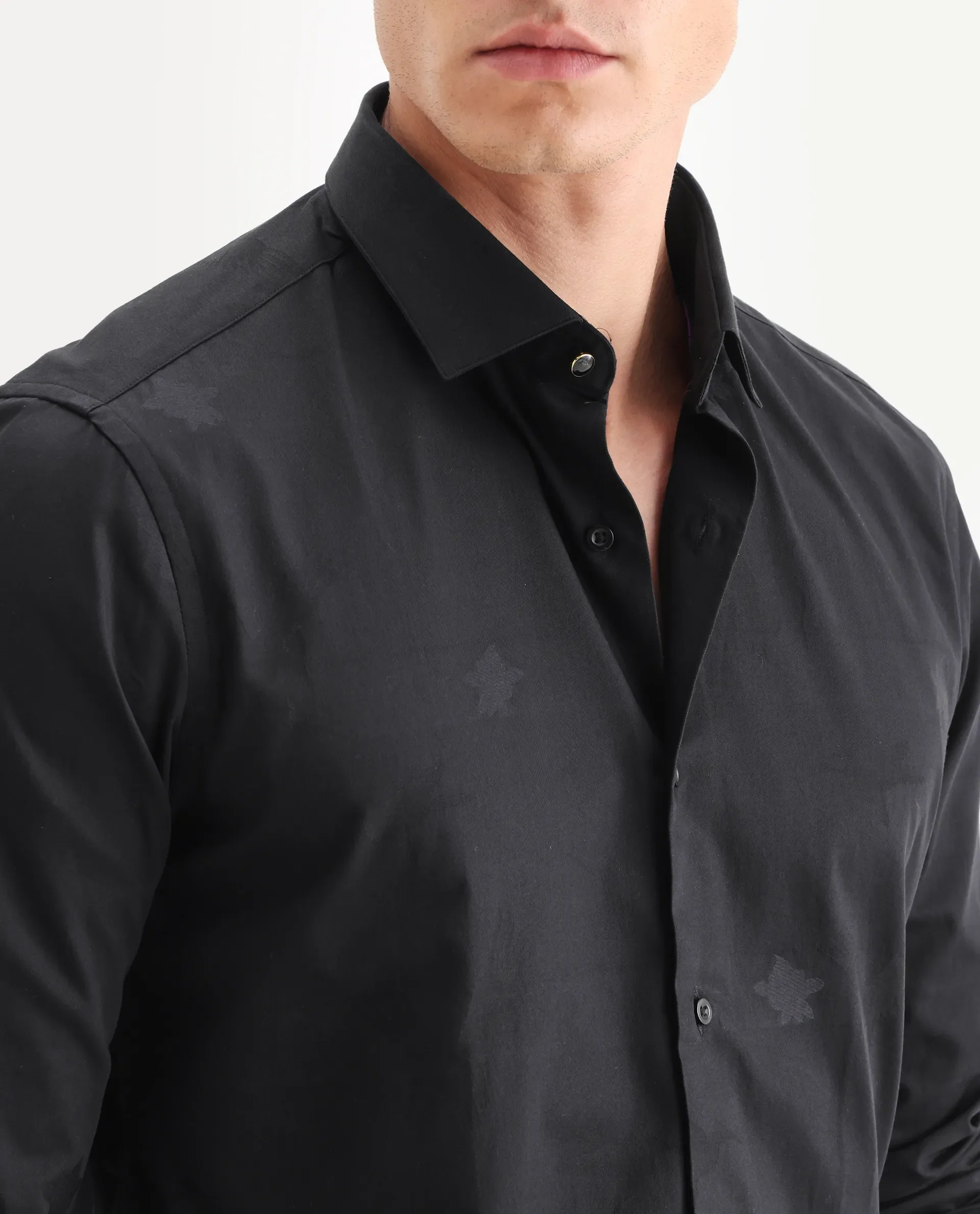 Rare Rabbit Men's Sherdâ Black Cotton Jacquard Regular Fit Full Sleeve Collared Shirt - Image 3