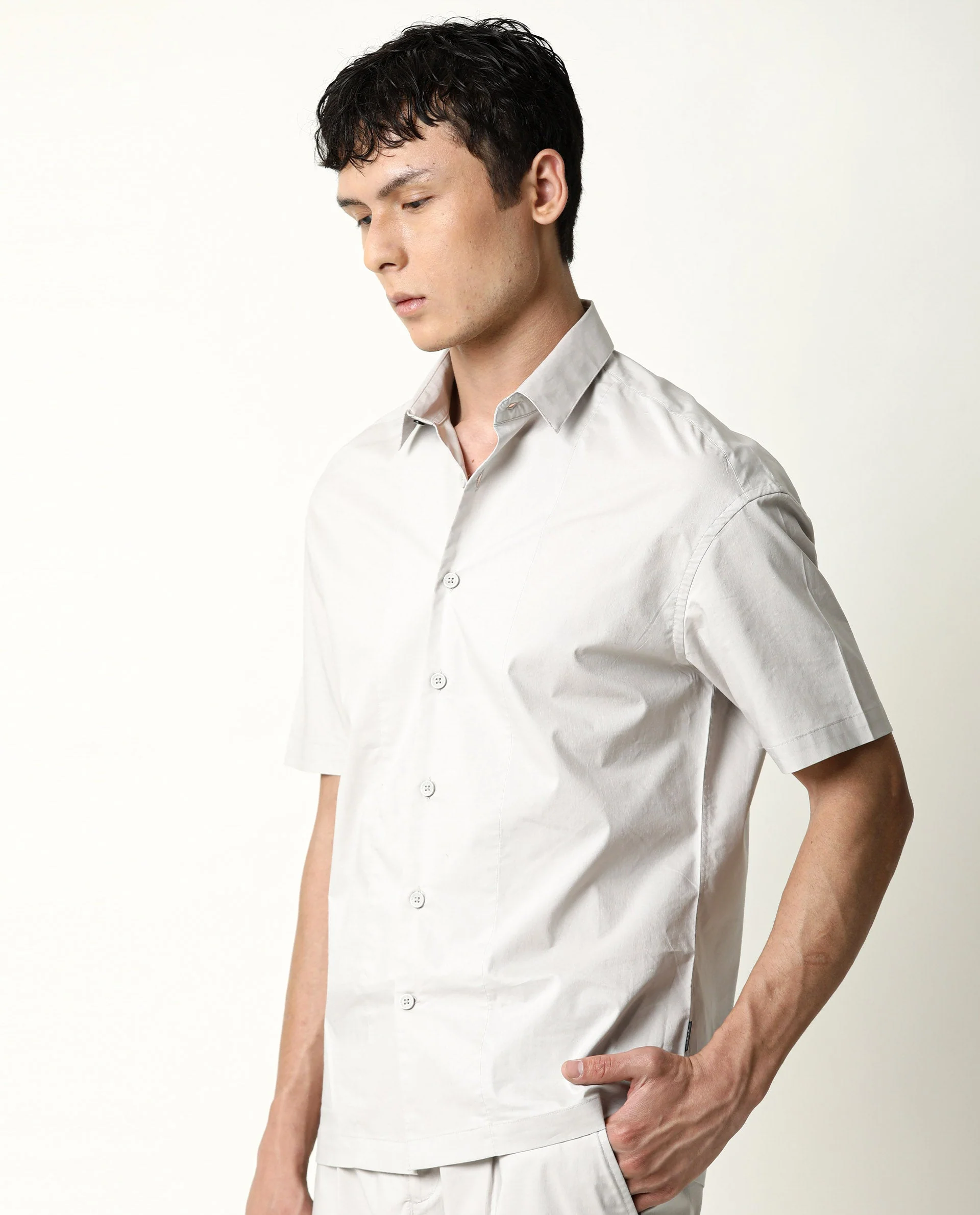 Rare Rabbit Men's Shibuya Beige Cotton Plain Regular Fit Half Sleeve Spread Collar Shirt - Image 3