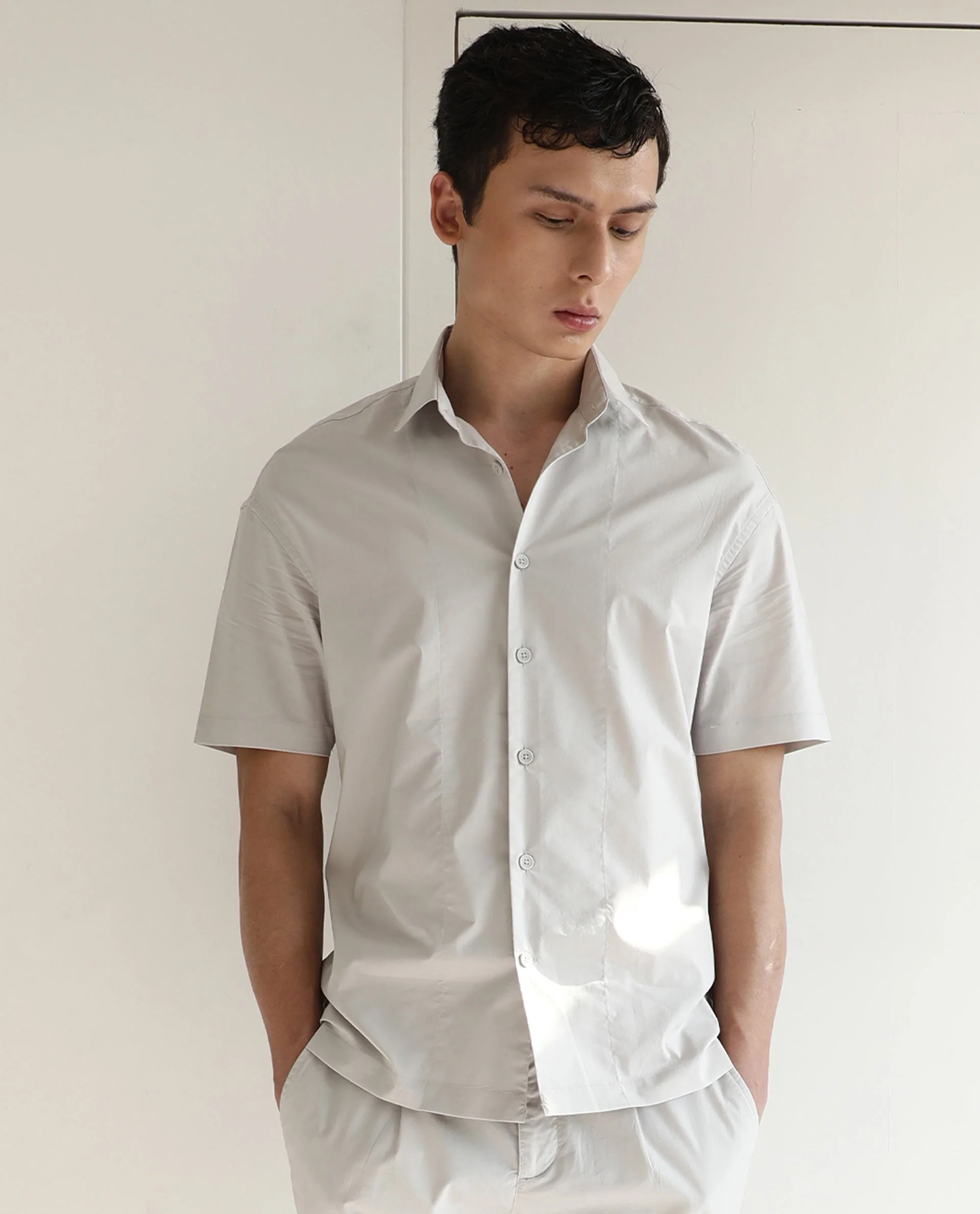 Rare Rabbit Men's Shibuya Beige Cotton Plain Regular Fit Half Sleeve Spread Collar Shirt - Image 5