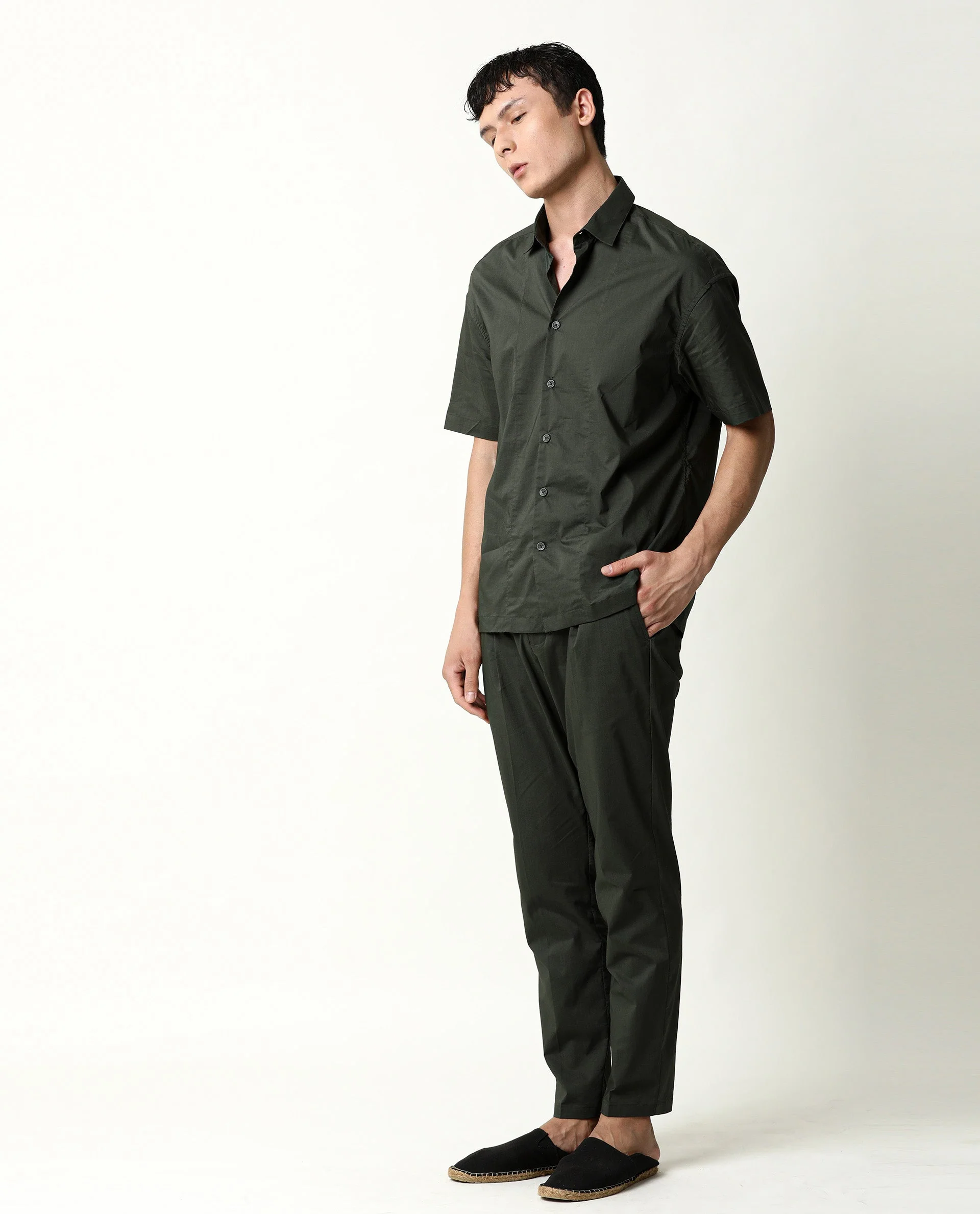 Rare Rabbit Men's Shibuya Olive Cotton Plain Regular Fit Half Sleeve Collared Shirt - Image 2
