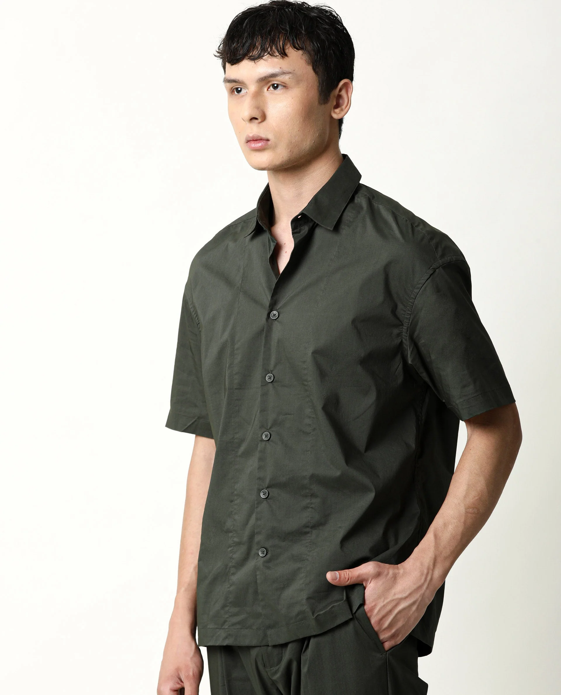 Rare Rabbit Men's Shibuya Olive Cotton Plain Regular Fit Half Sleeve Collared Shirt - Image 6
