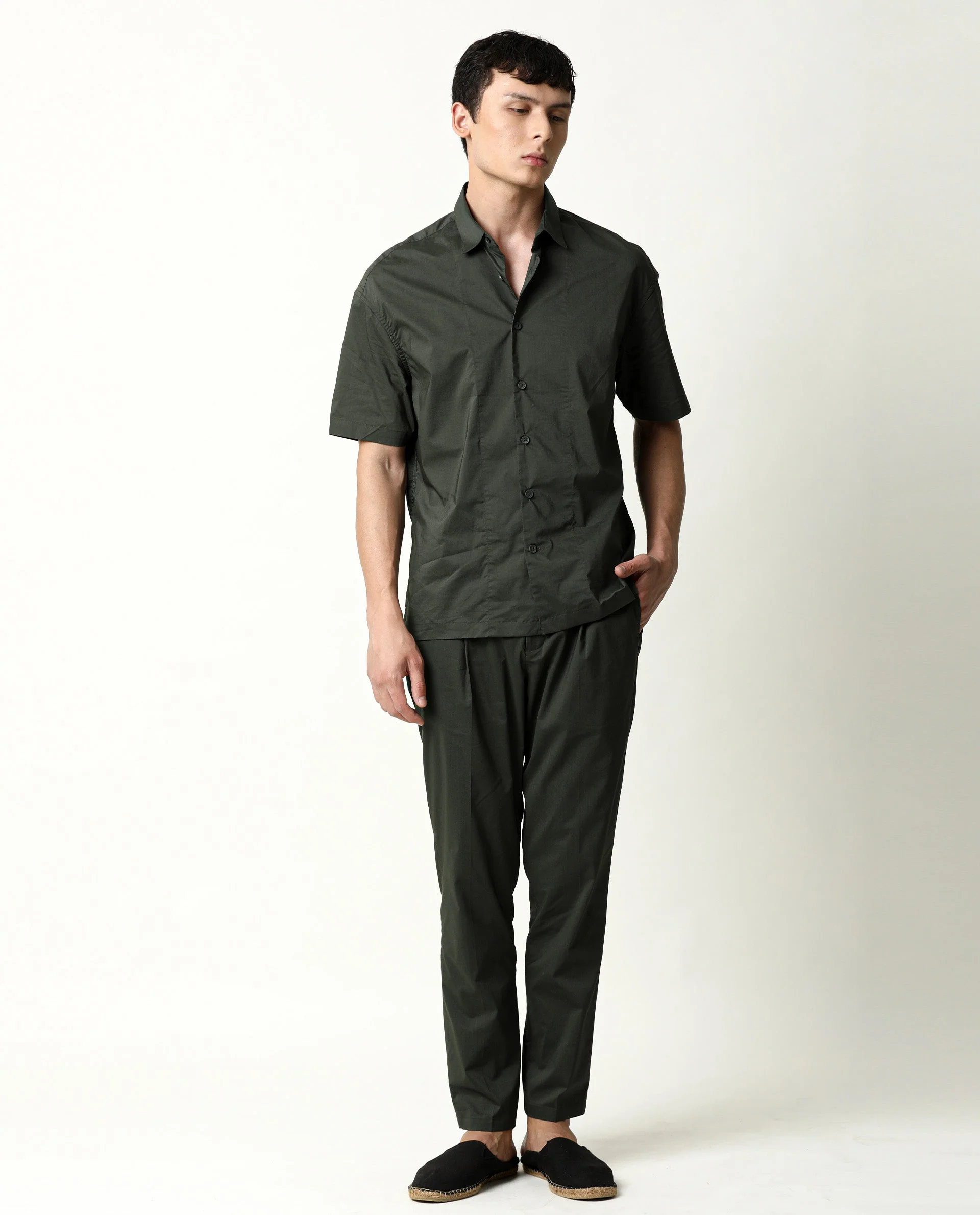 Rare Rabbit Men's Shibuya Olive Cotton Plain Regular Fit Half Sleeve Collared Shirt - Image 7