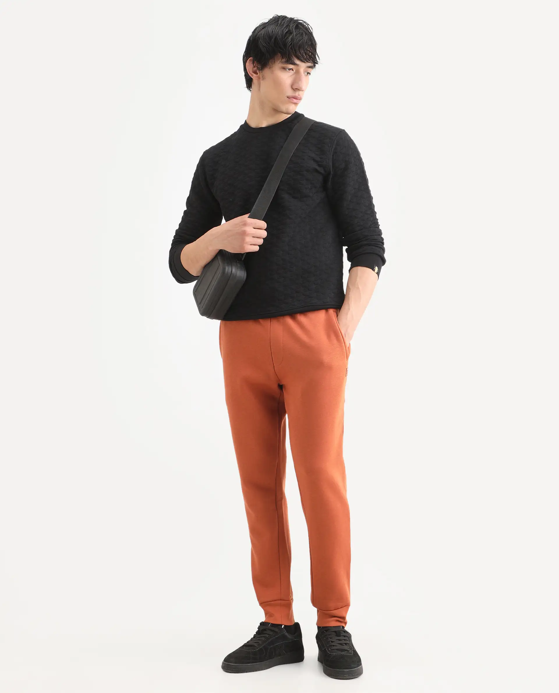 Rare Rabbit Men's Shield Black Cotton Textured Regular Fit Full Sleeve Crew Neck Sweatshirt - Image 2