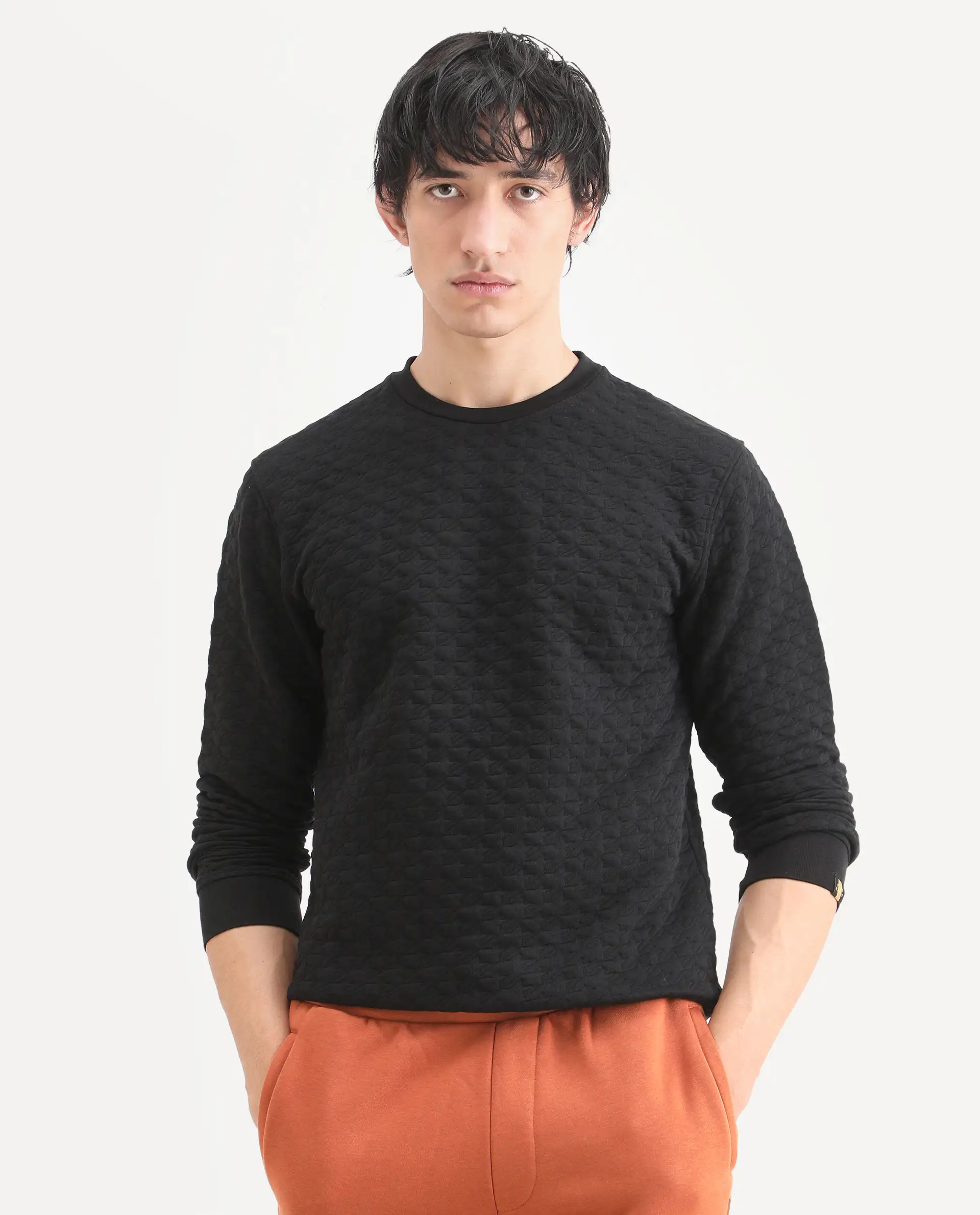 Rare Rabbit Men's Shield Black Cotton Textured Regular Fit Full Sleeve Crew Neck Sweatshirt - Image 3