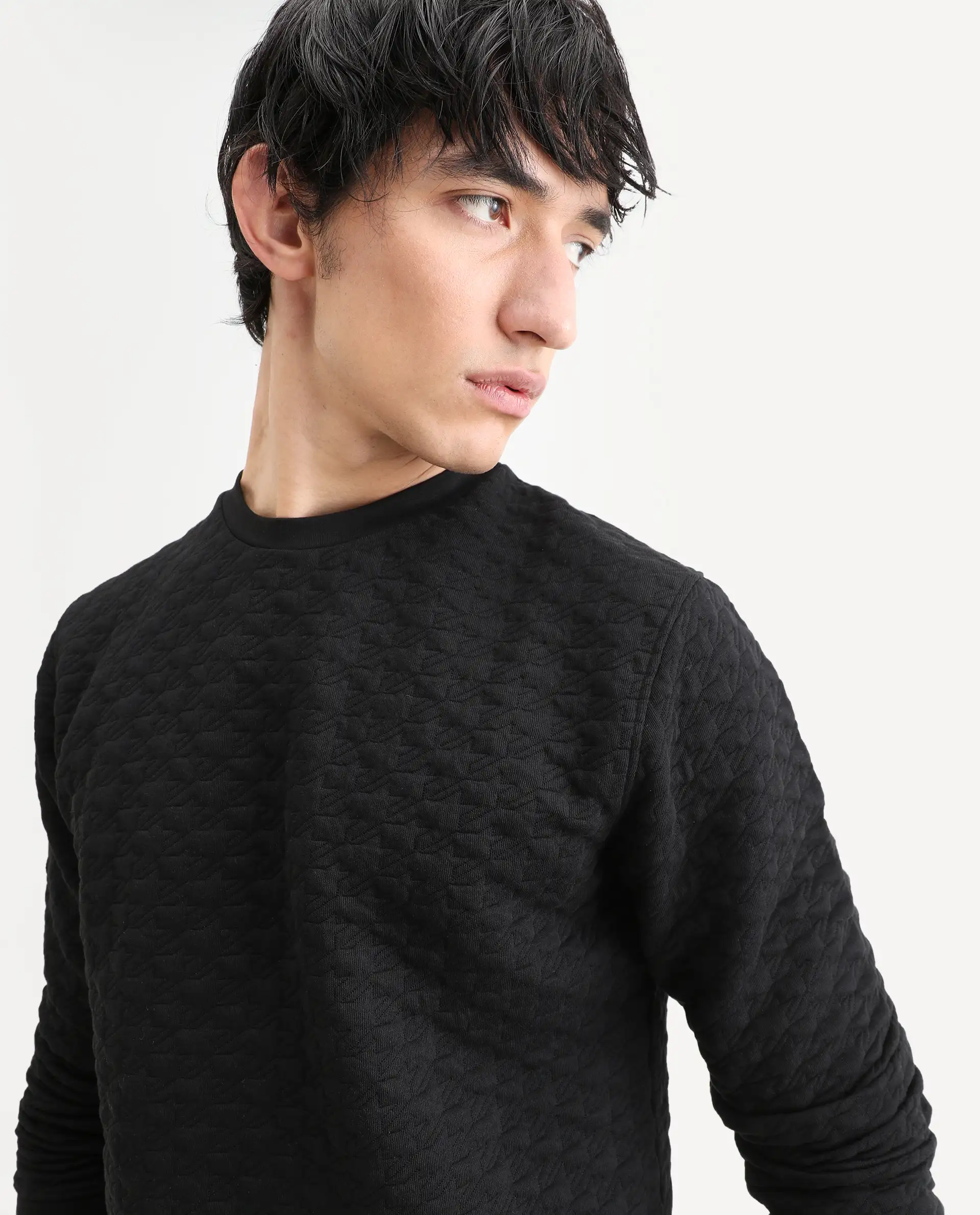 Rare Rabbit Men's Shield Black Cotton Textured Regular Fit Full Sleeve Crew Neck Sweatshirt - Image 4