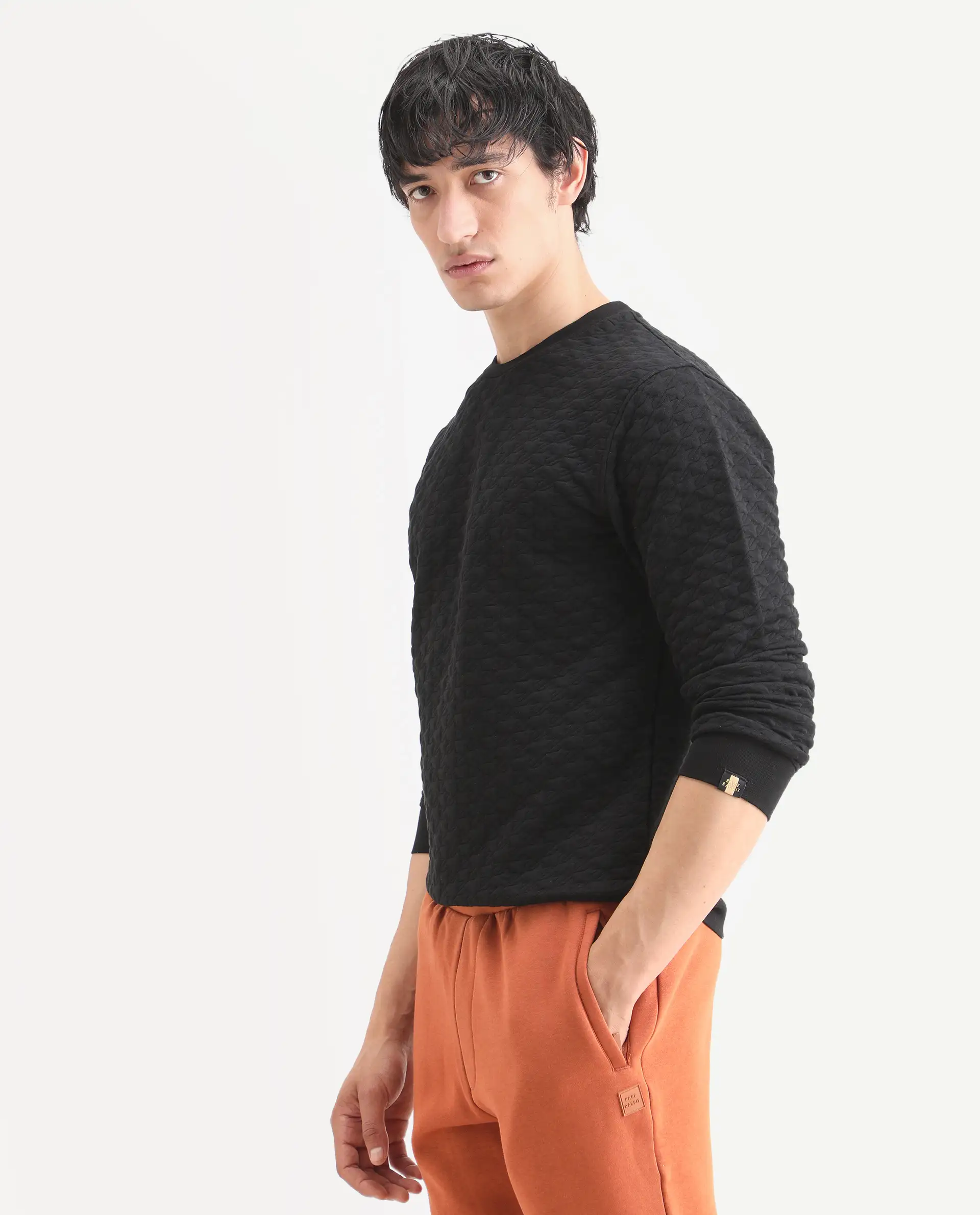 Rare Rabbit Men's Shield Black Cotton Textured Regular Fit Full Sleeve Crew Neck Sweatshirt - Image 5