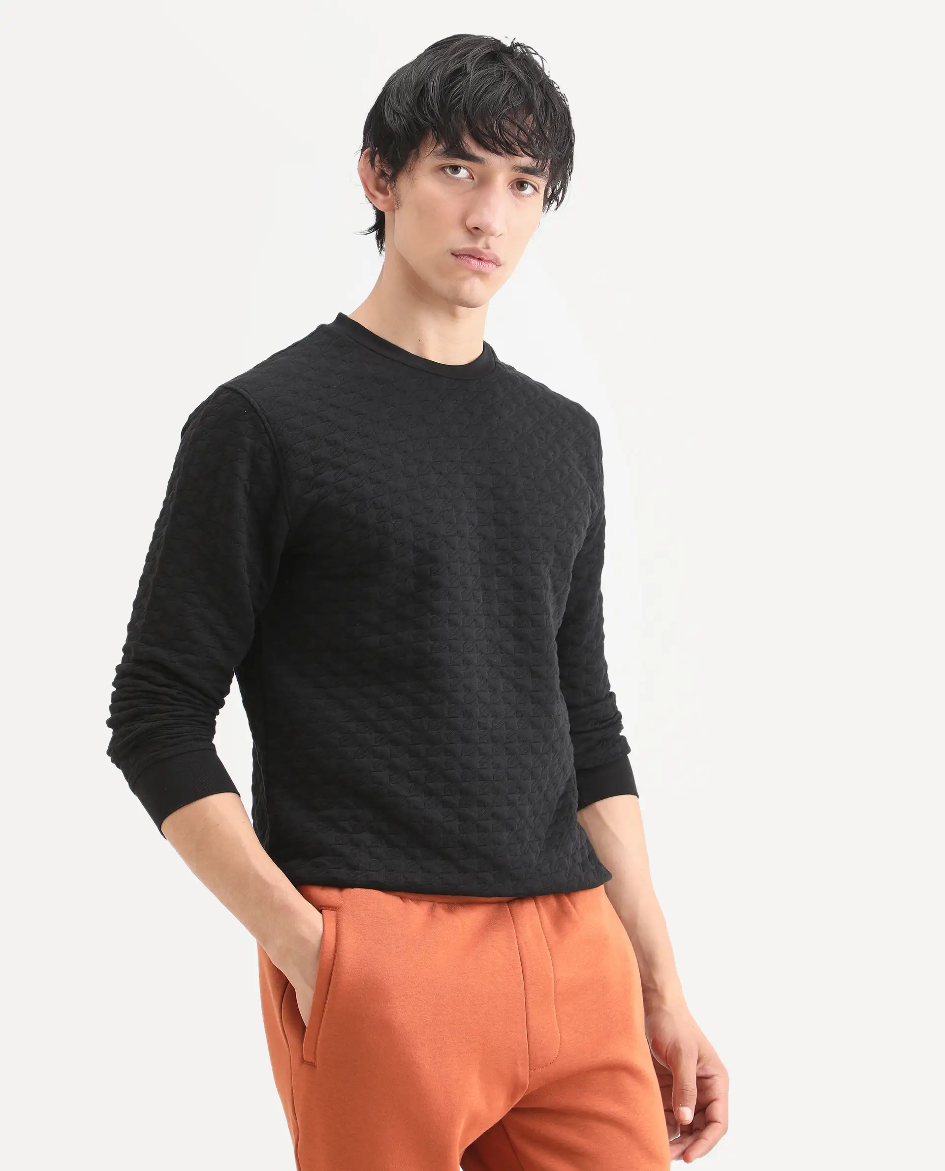 Rare Rabbit Men's Shield Black Cotton Textured Regular Fit Full Sleeve Crew Neck Sweatshirt - Image 6