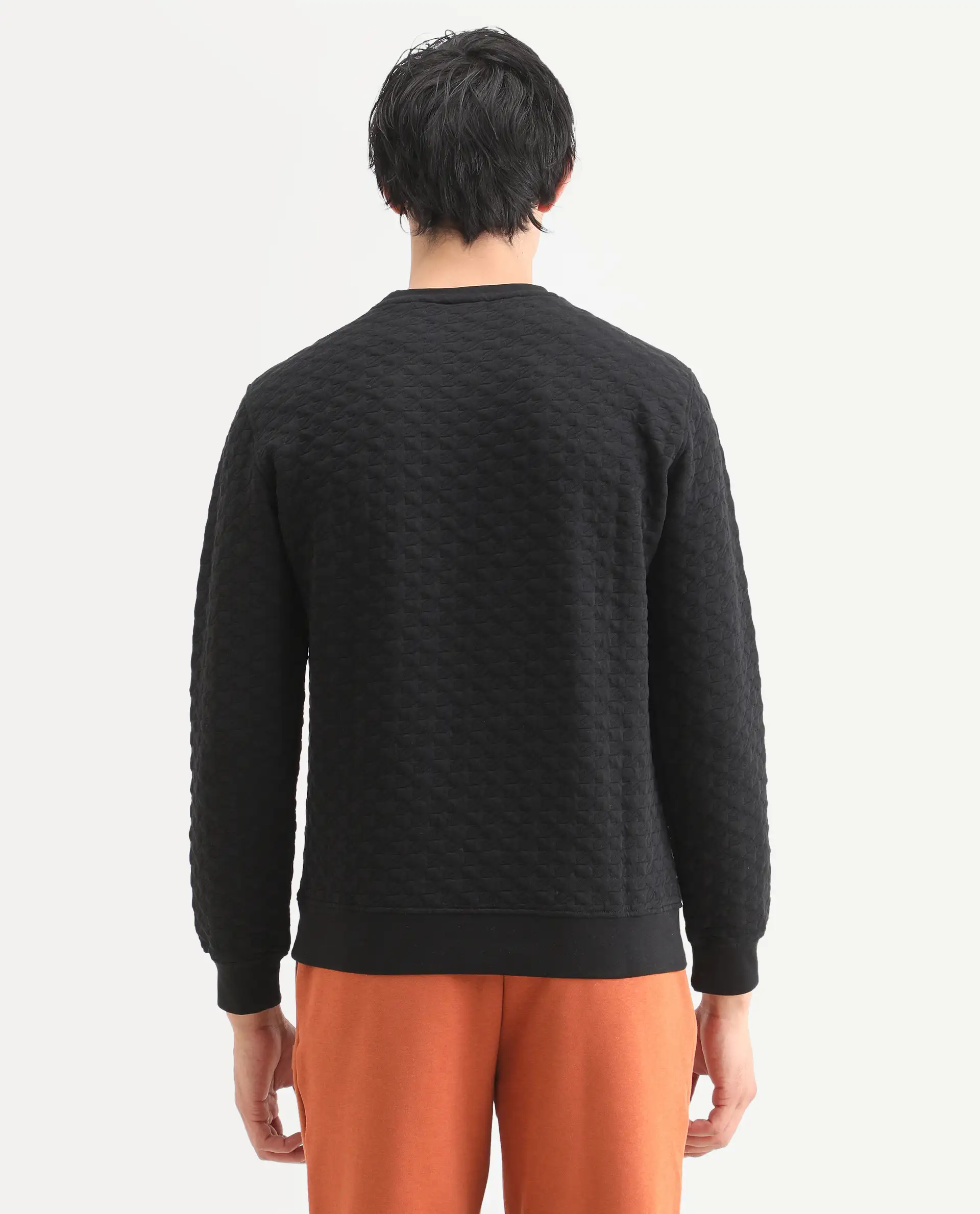 Rare Rabbit Men's Shield Black Cotton Textured Regular Fit Full Sleeve Crew Neck Sweatshirt - Image 7