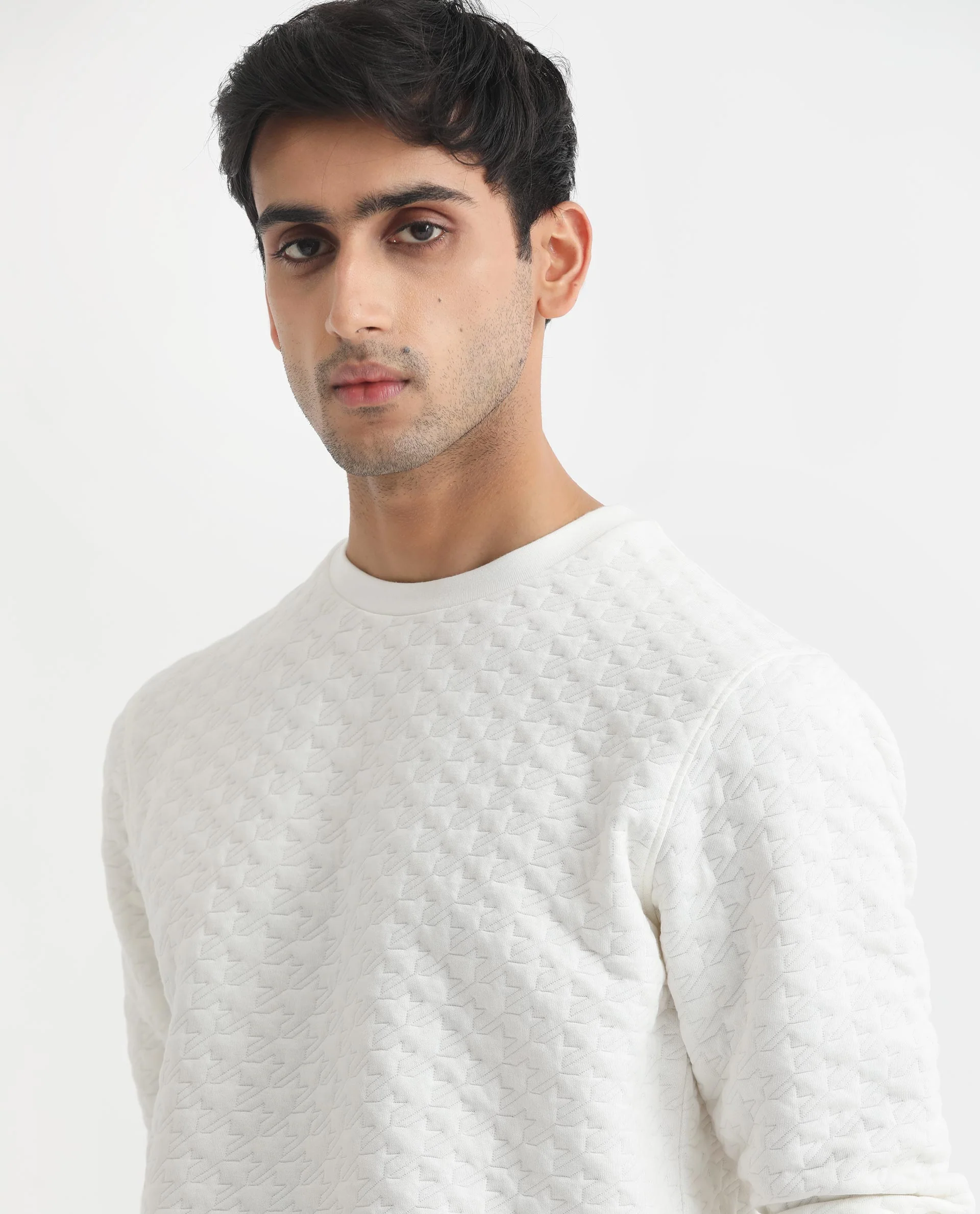 Rare Rabbit Men's Shield Off White Cotton Textured Regular Fit Full Sleeve Crew Neck Sweatshirt