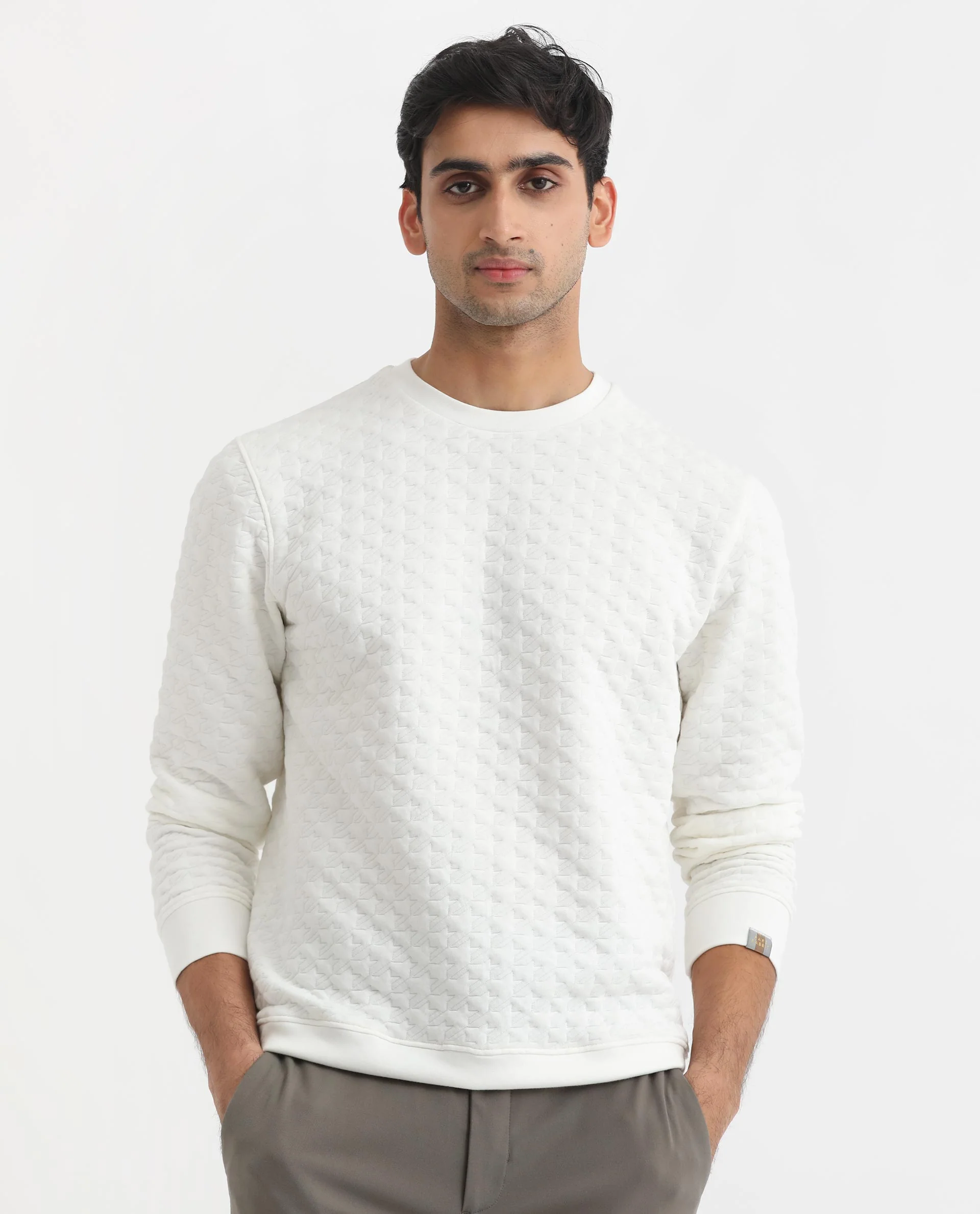 Rare Rabbit Men's Shield Off White Cotton Textured Regular Fit Full Sleeve Crew Neck Sweatshirt - Image 2