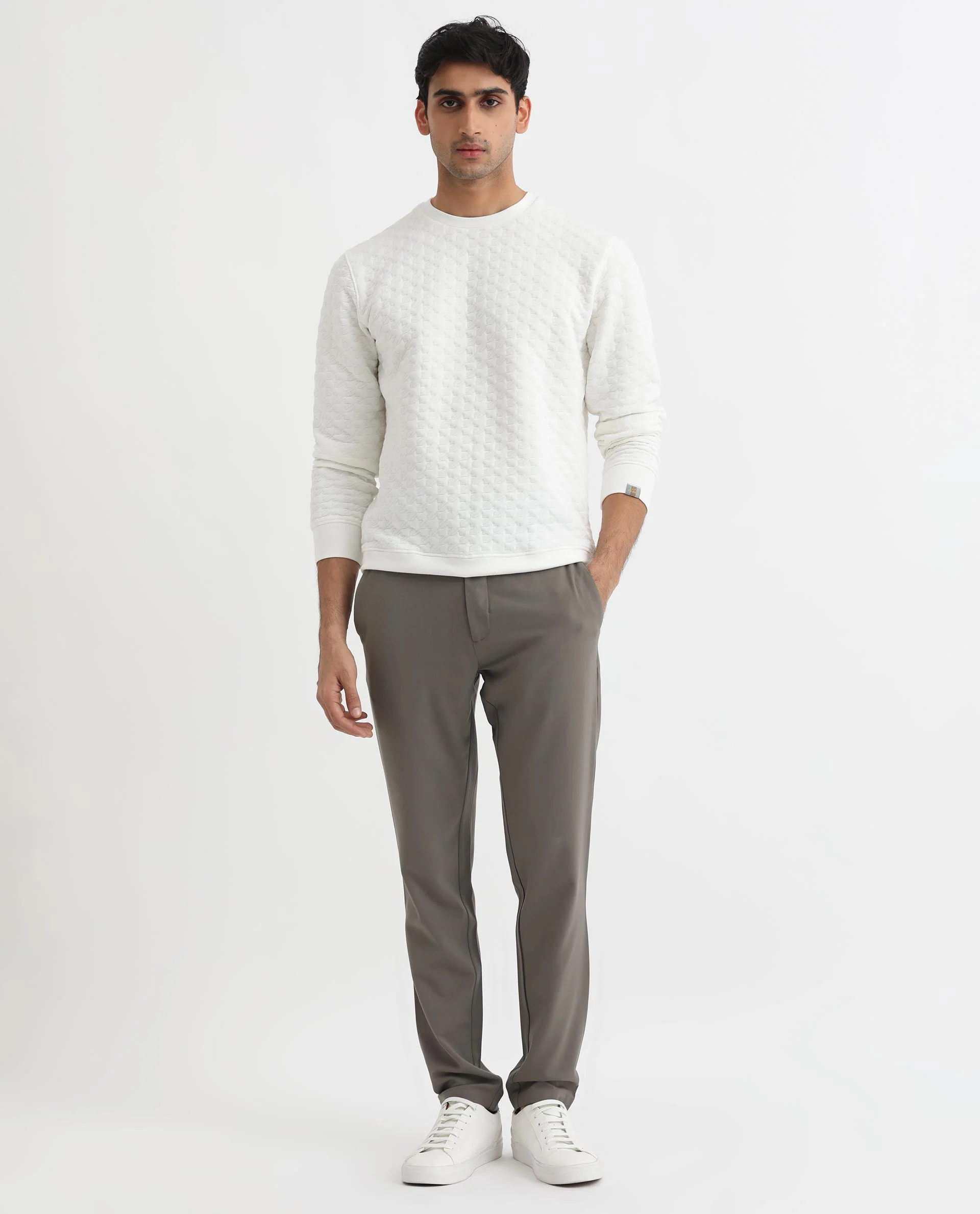 Rare Rabbit Men's Shield Off White Cotton Textured Regular Fit Full Sleeve Crew Neck Sweatshirt - Image 3