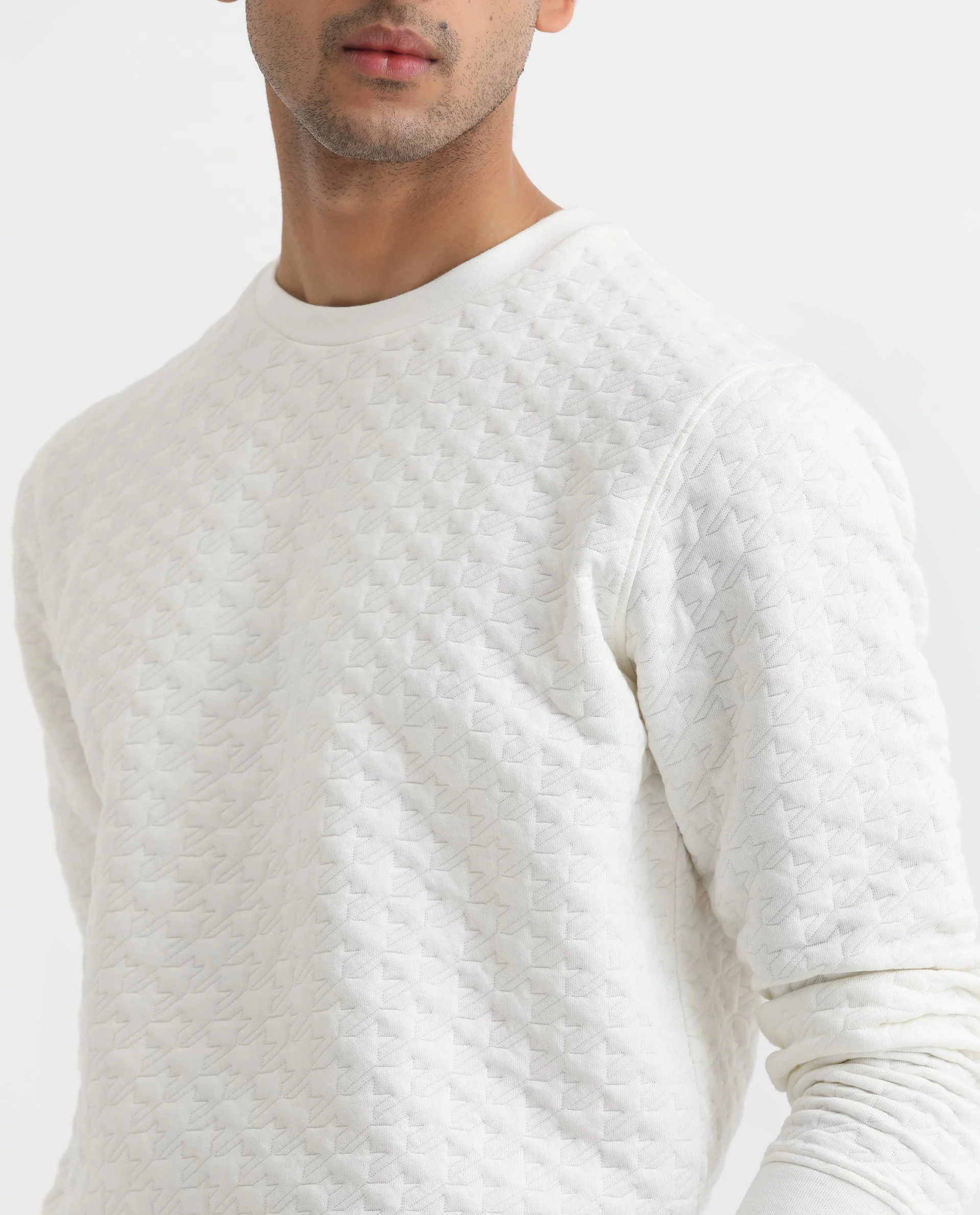 Rare Rabbit Men's Shield Off White Cotton Textured Regular Fit Full Sleeve Crew Neck Sweatshirt - Image 4