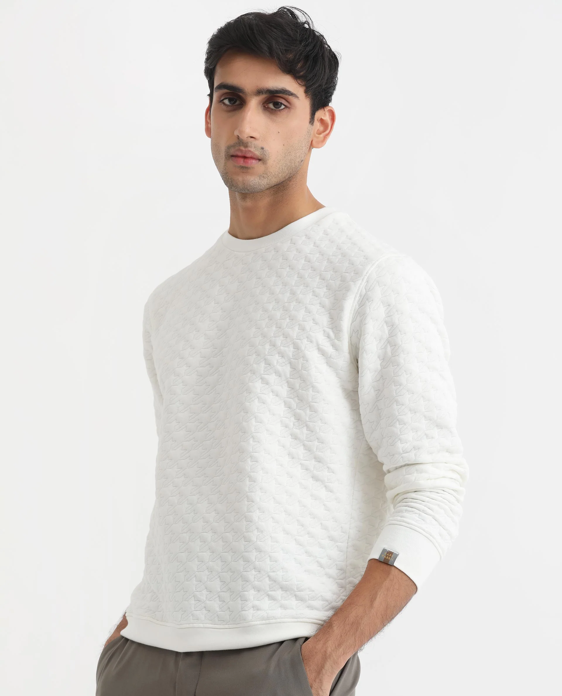 Rare Rabbit Men's Shield Off White Cotton Textured Regular Fit Full Sleeve Crew Neck Sweatshirt - Image 5