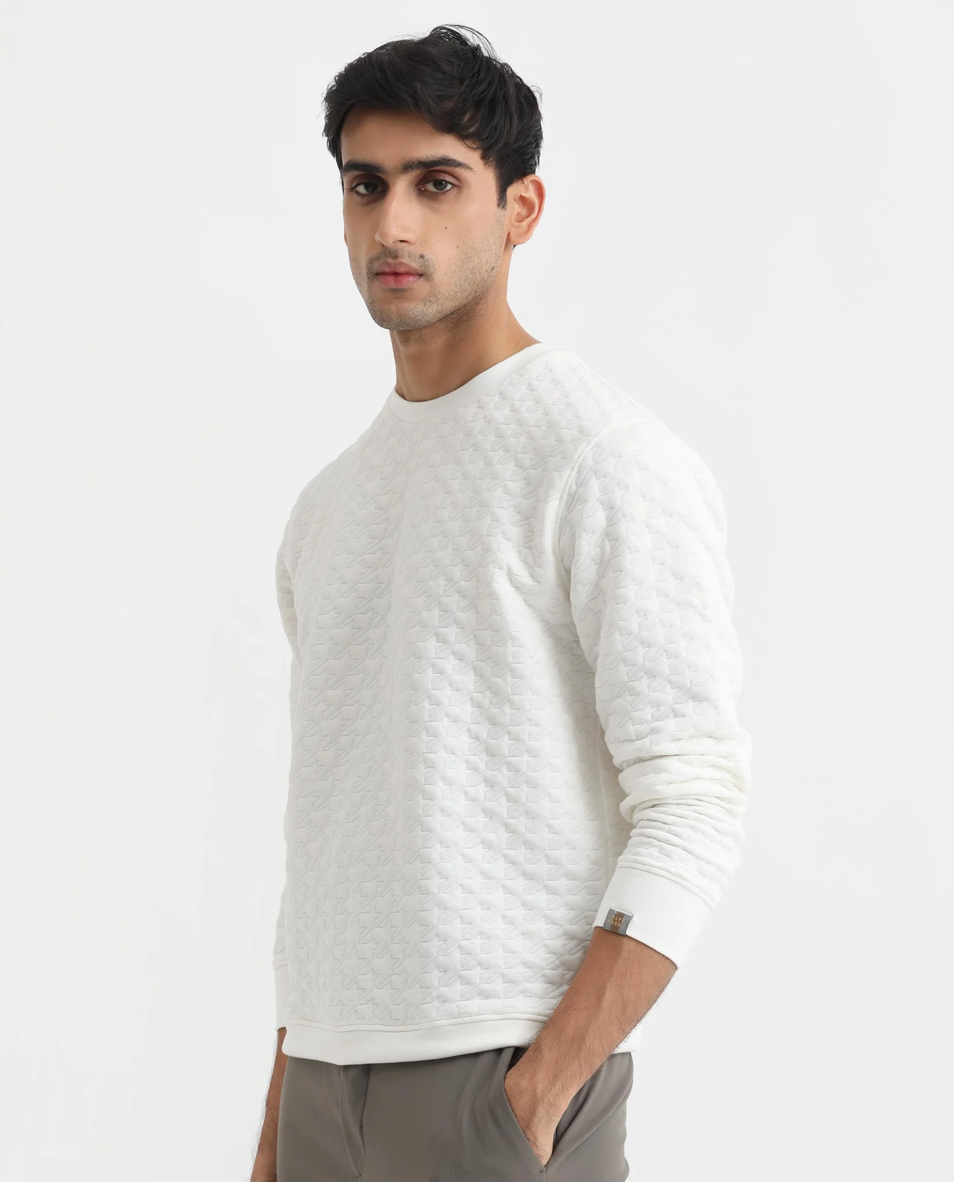 Rare Rabbit Men's Shield Off White Cotton Textured Regular Fit Full Sleeve Crew Neck Sweatshirt - Image 6