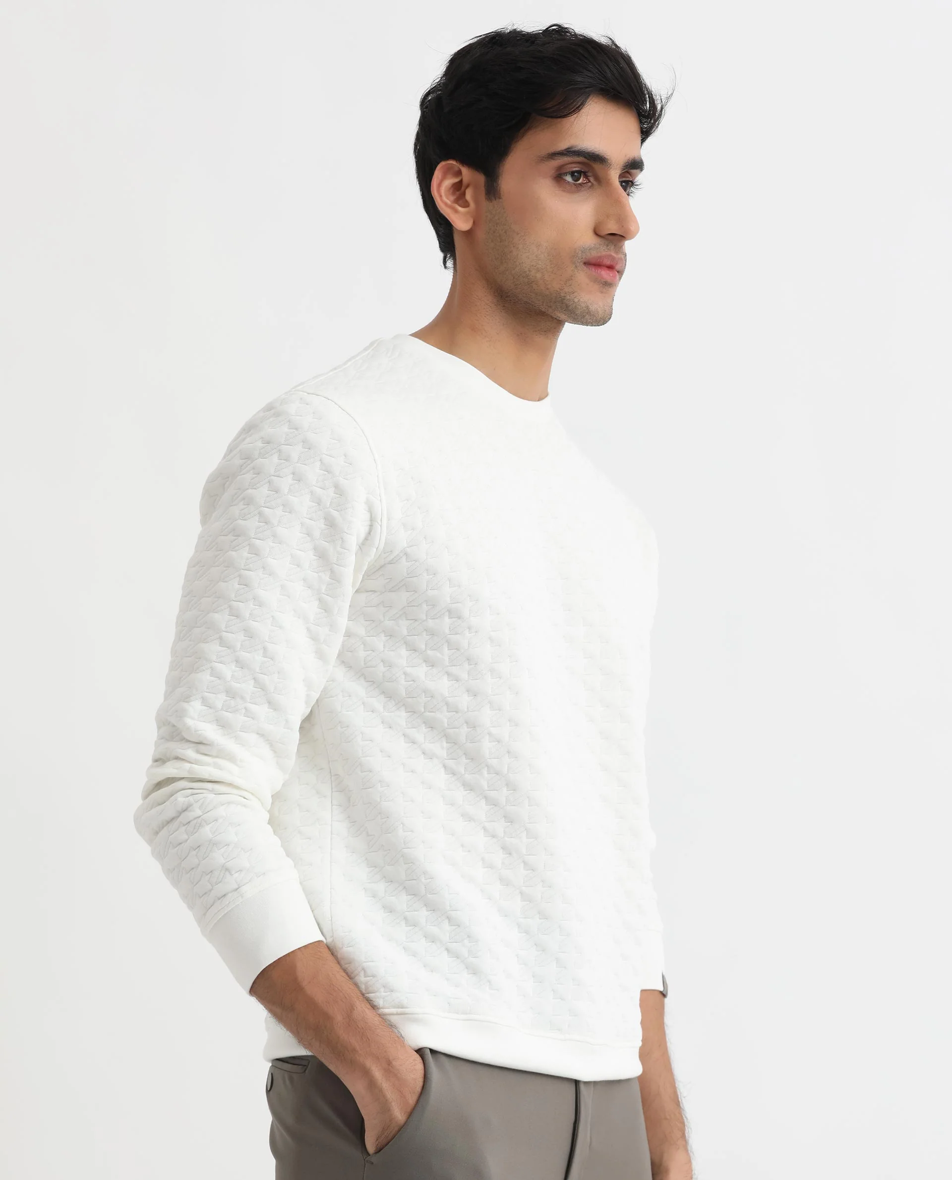Rare Rabbit Men's Shield Off White Cotton Textured Regular Fit Full Sleeve Crew Neck Sweatshirt - Image 7