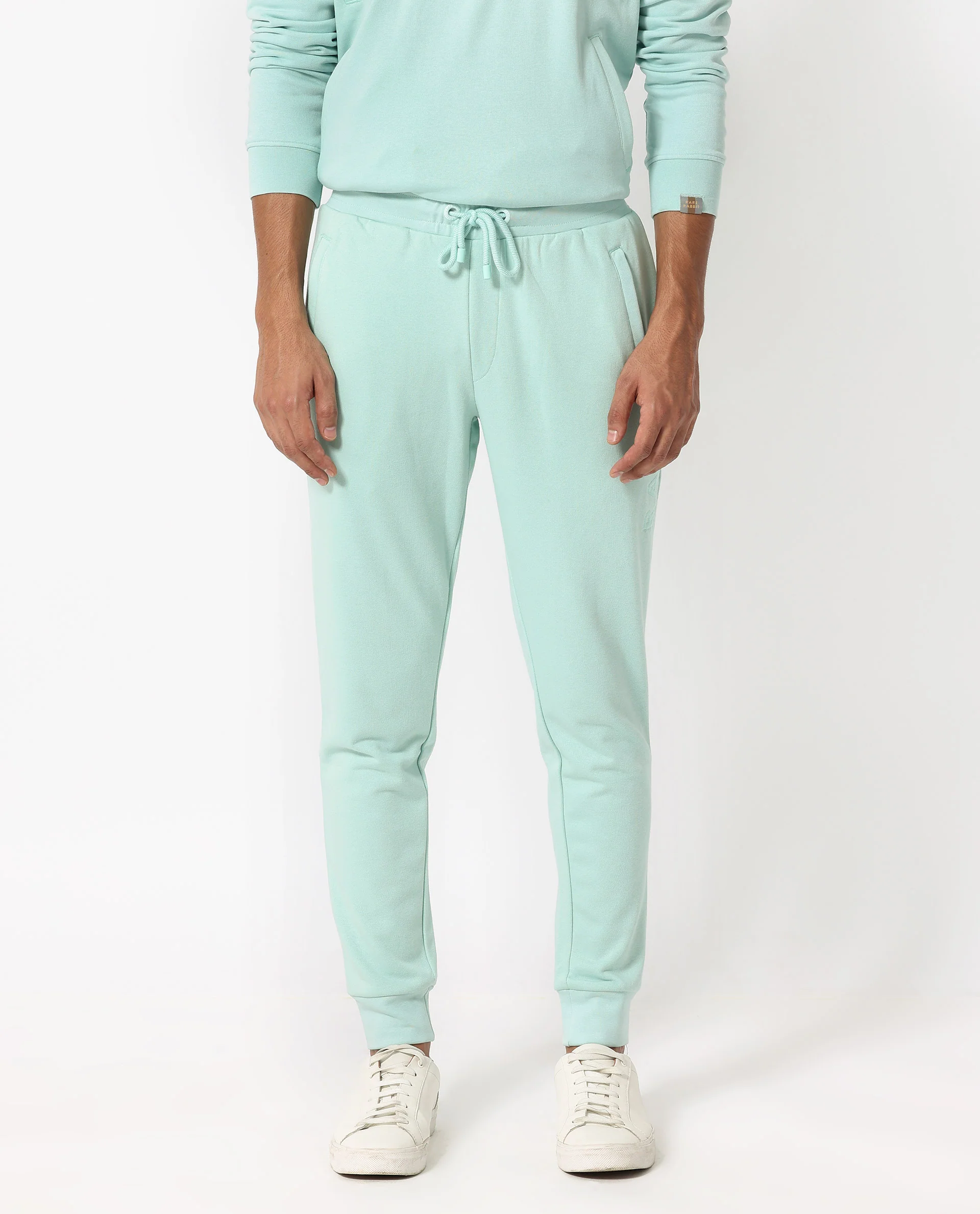 Rare Rabbit Men's Shiga Light Blue Cotton Plain Regular Fit Joggers