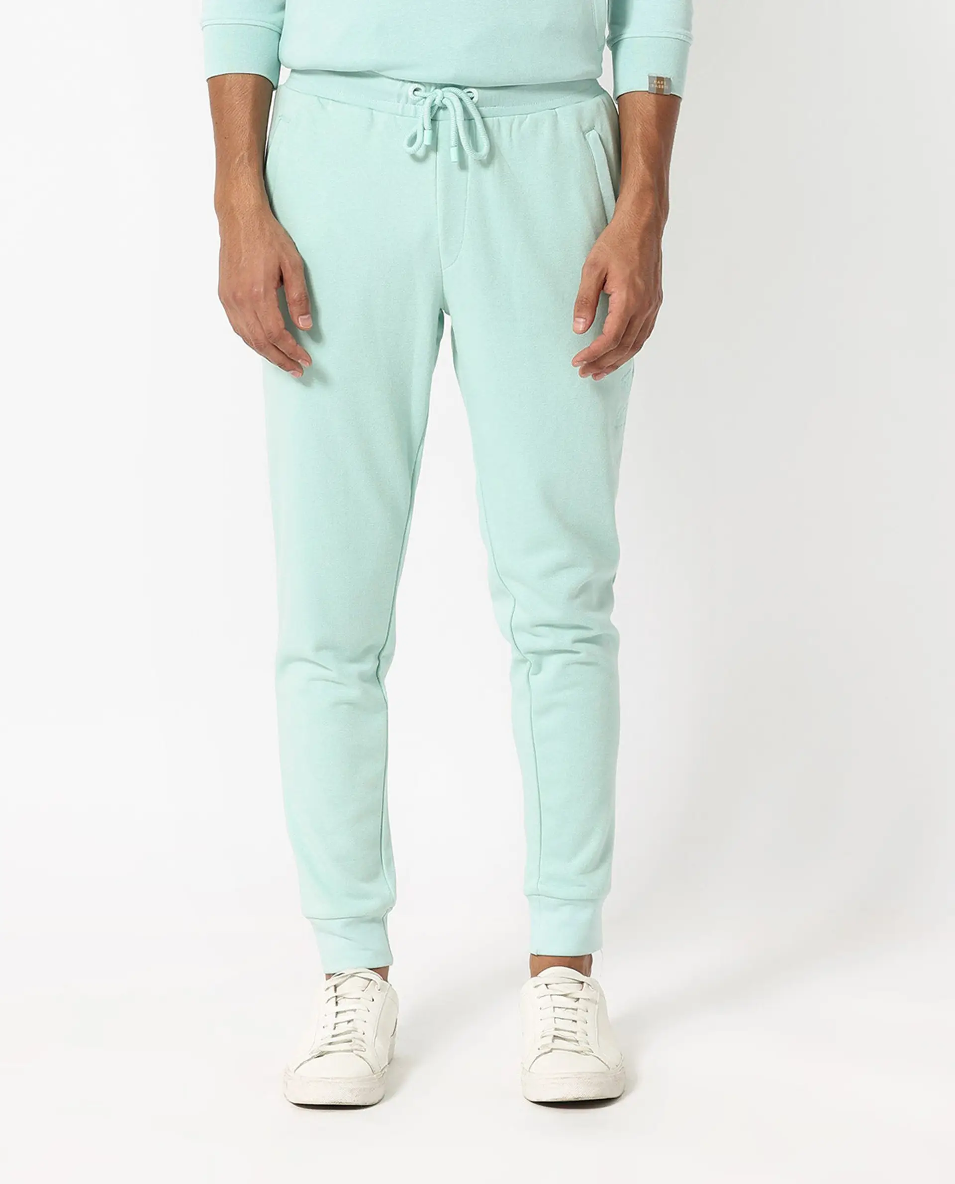 Rare Rabbit Men's Shiga Light Blue Cotton Plain Regular Fit Joggers - Image 13