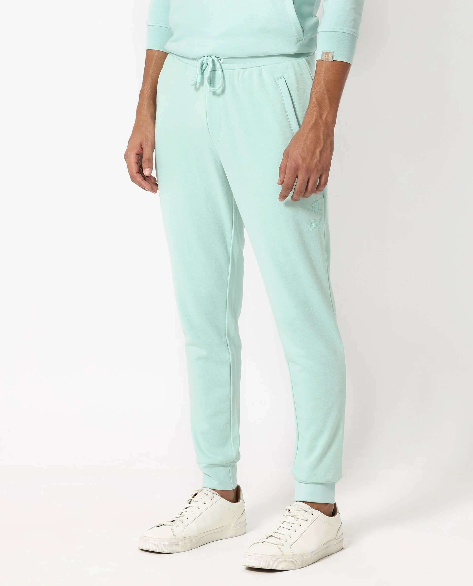 Rare Rabbit Men's Shiga Light Blue Cotton Plain Regular Fit Joggers - Image 8