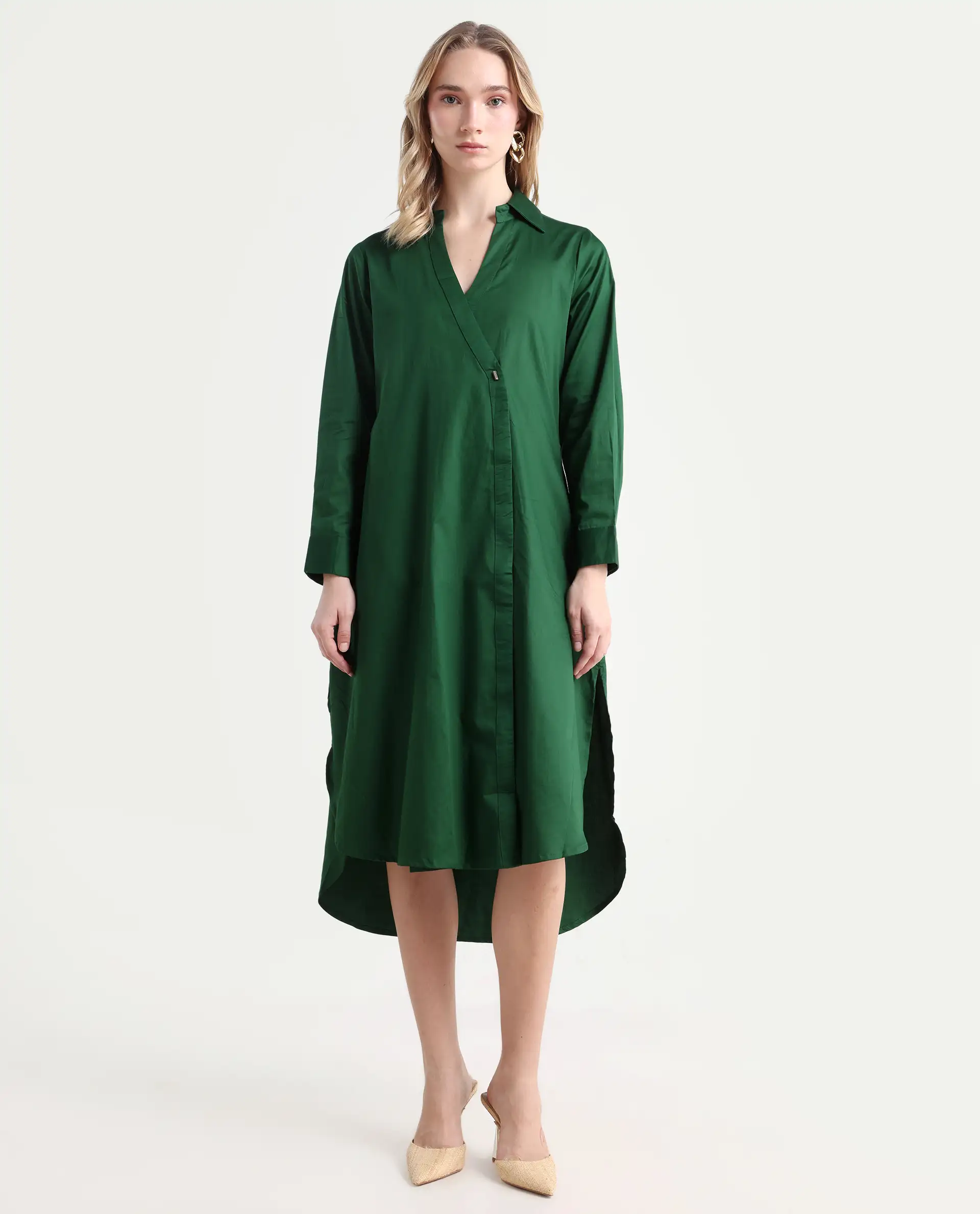 Rareism Women's Shikamaru Dark Green Cotton Blend Johnny Collar Plain Cuffed Sleeve Midi Relaxed Fit Dress - Image 2