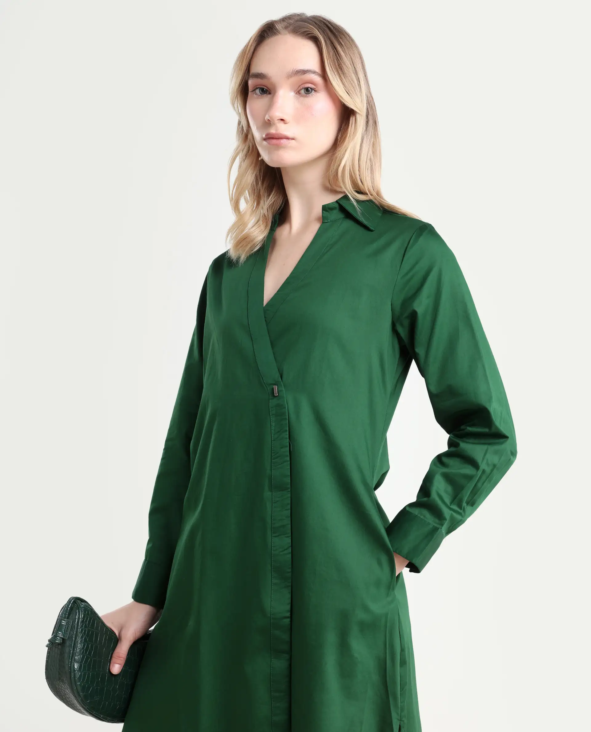 Rareism Women's Shikamaru Dark Green Cotton Blend Johnny Collar Plain Cuffed Sleeve Midi Relaxed Fit Dress - Image 3