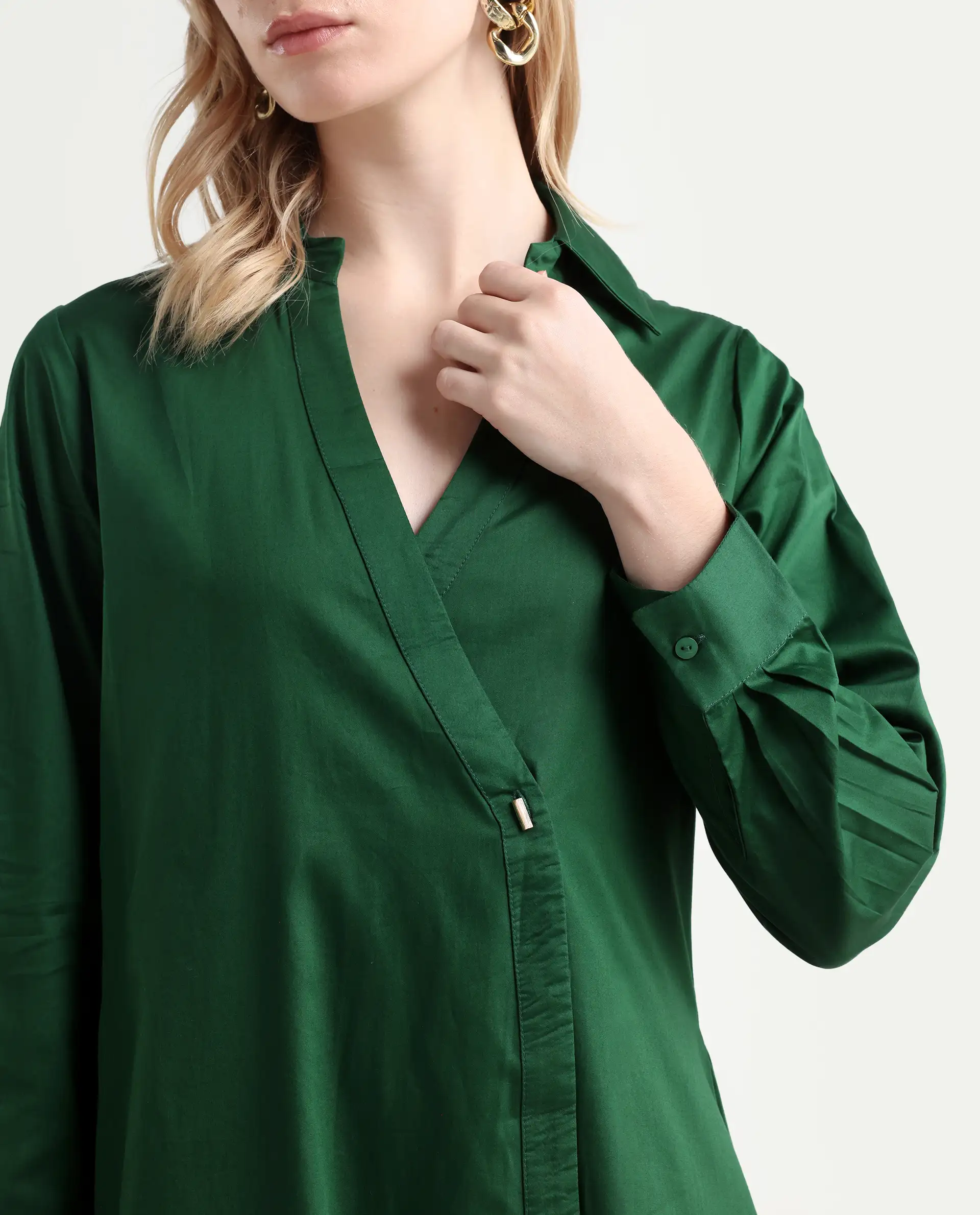 Rareism Women's Shikamaru Dark Green Cotton Blend Johnny Collar Plain Cuffed Sleeve Midi Relaxed Fit Dress - Image 4