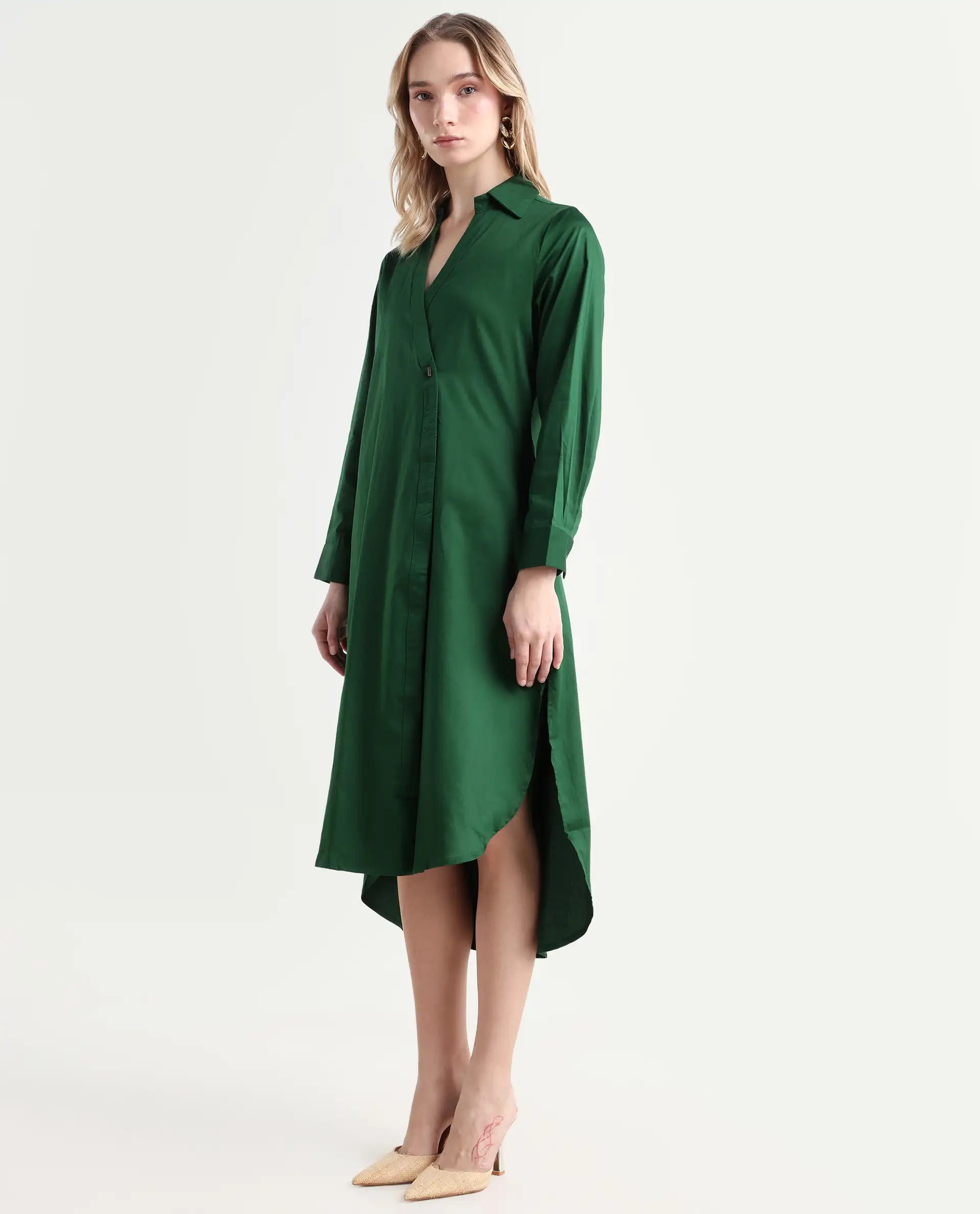 Rareism Women's Shikamaru Dark Green Cotton Blend Johnny Collar Plain Cuffed Sleeve Midi Relaxed Fit Dress - Image 5