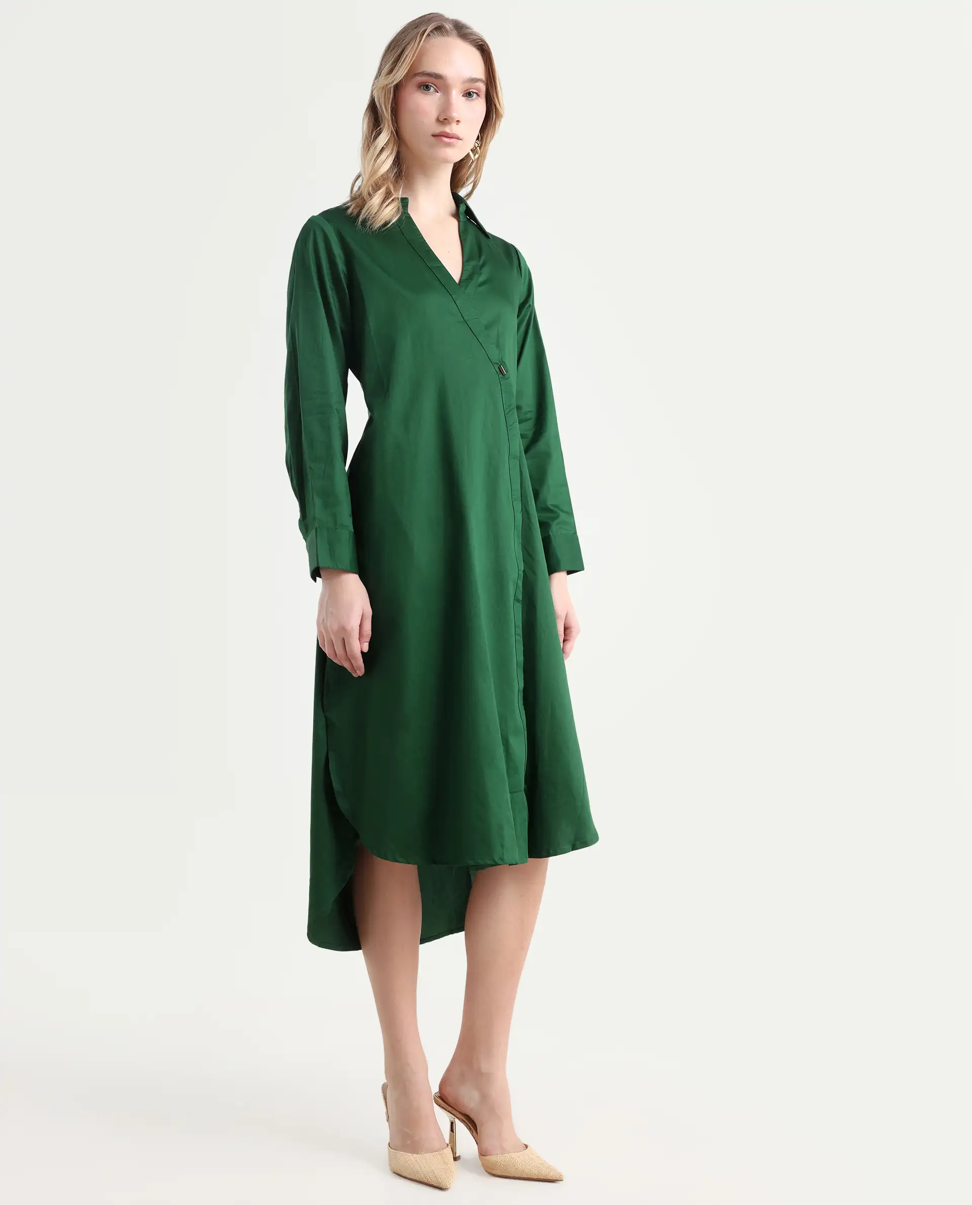 Rareism Women's Shikamaru Dark Green Cotton Blend Johnny Collar Plain Cuffed Sleeve Midi Relaxed Fit Dress - Image 6