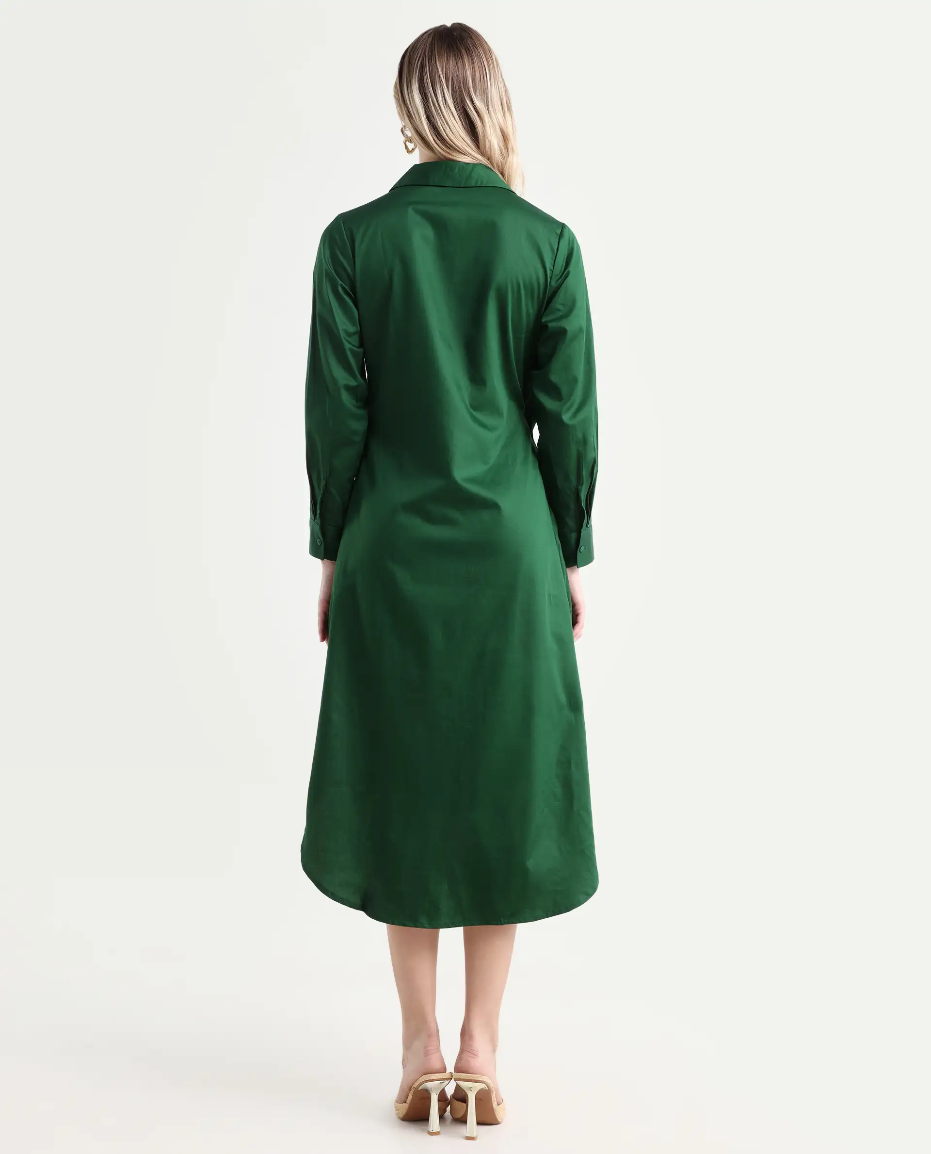 Rareism Women's Shikamaru Dark Green Cotton Blend Johnny Collar Plain Cuffed Sleeve Midi Relaxed Fit Dress - Image 7