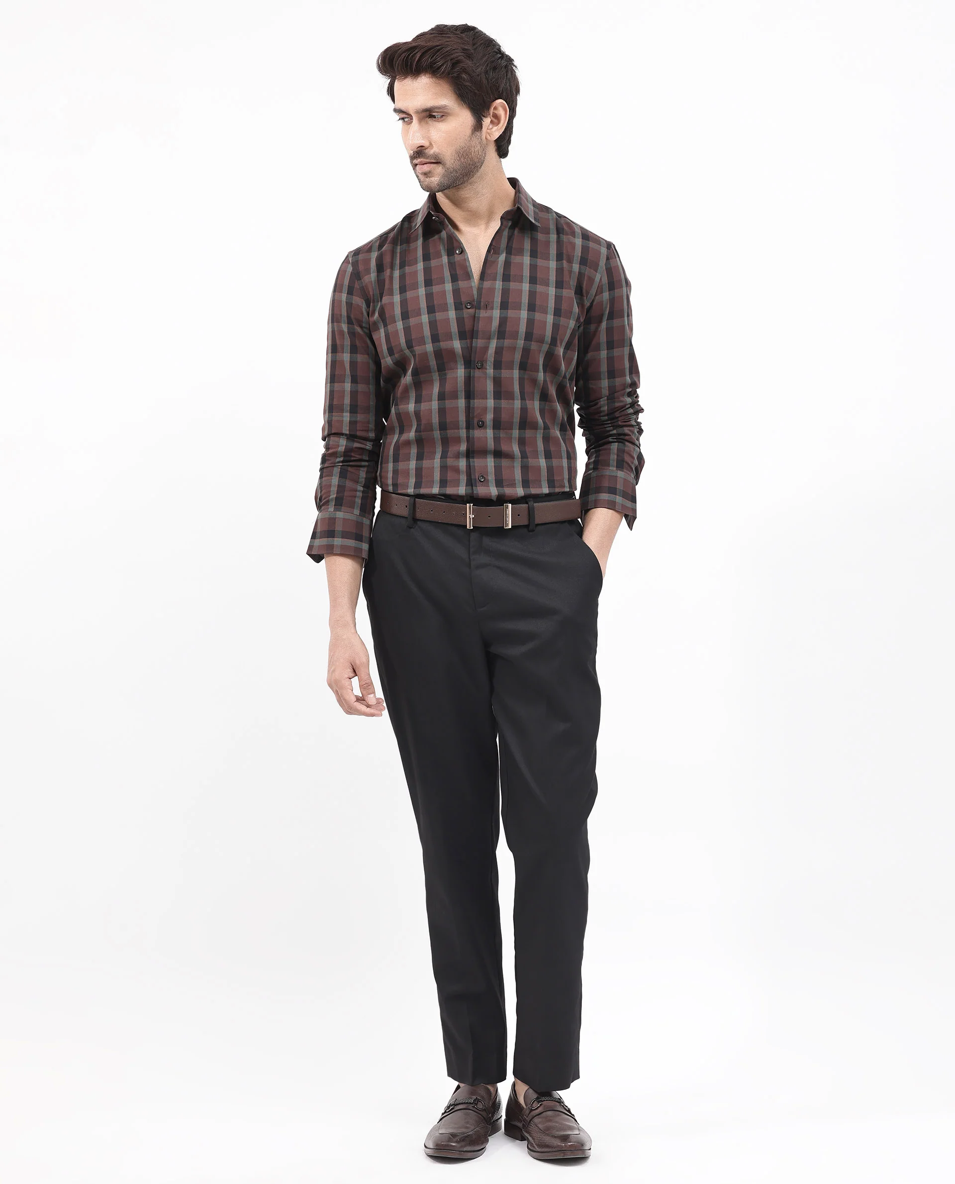Rare Rabbit Men's Shiloh Brown Cotton Checked Print Regular Fit Full Sleeve Collared Shirt - Image 2
