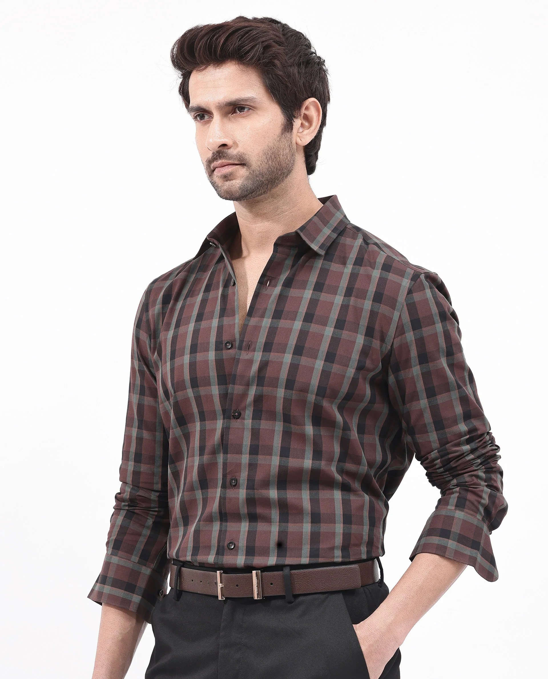Rare Rabbit Men's Shiloh Brown Cotton Checked Print Regular Fit Full Sleeve Collared Shirt - Image 3