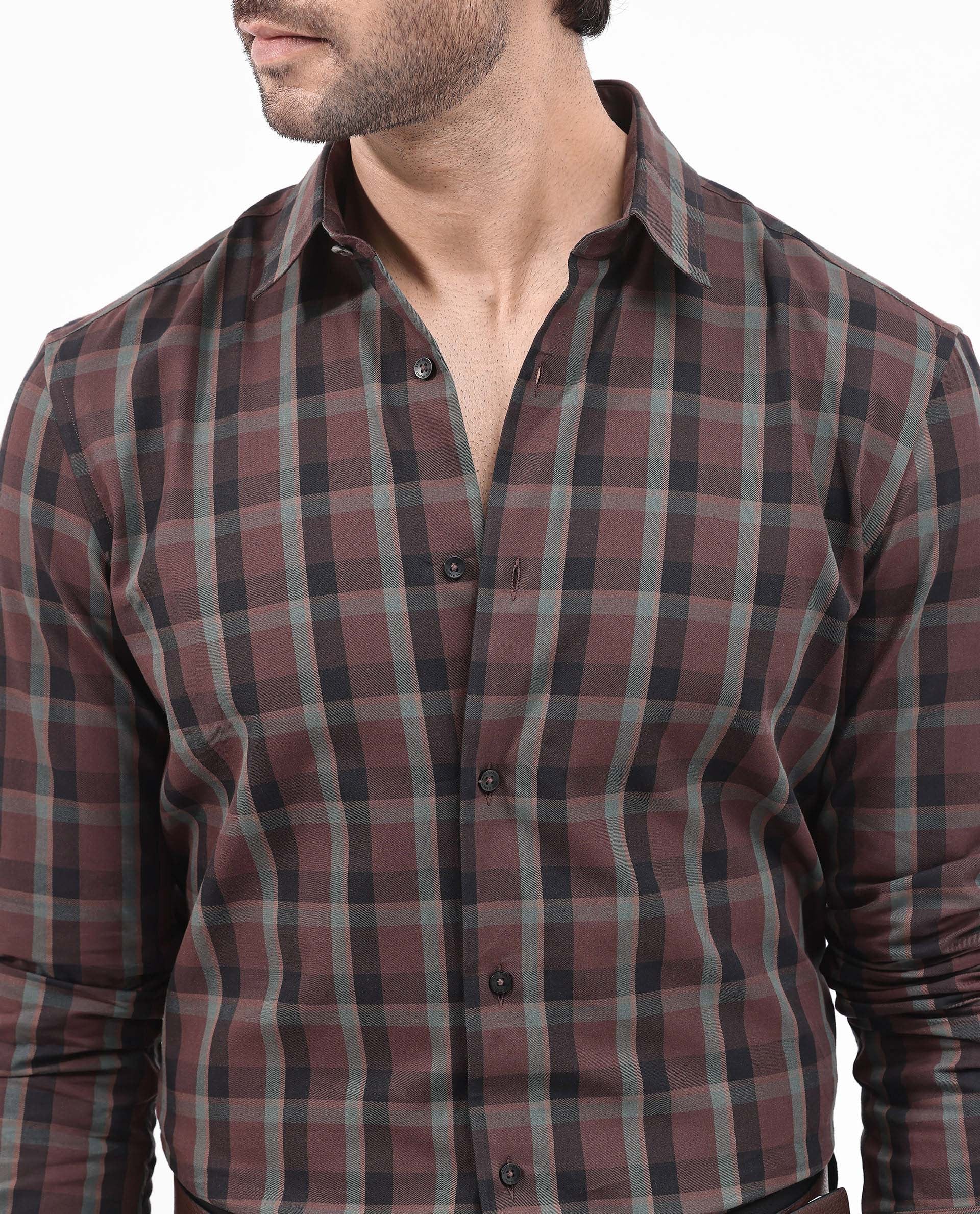 Rare Rabbit Men's Shiloh Brown Cotton Checked Print Regular Fit Full Sleeve Collared Shirt - Image 5