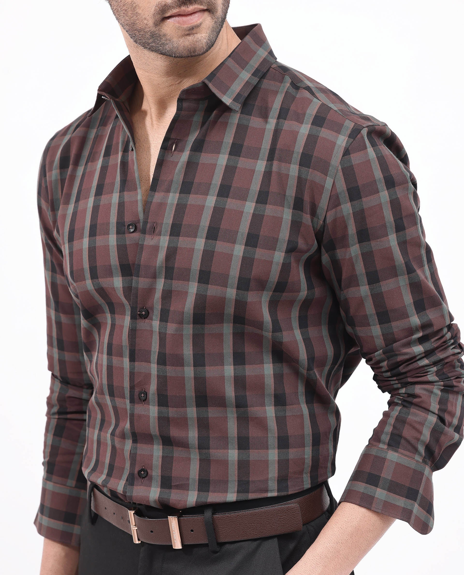 Rare Rabbit Men's Shiloh Brown Cotton Checked Print Regular Fit Full Sleeve Collared Shirt - Image 6