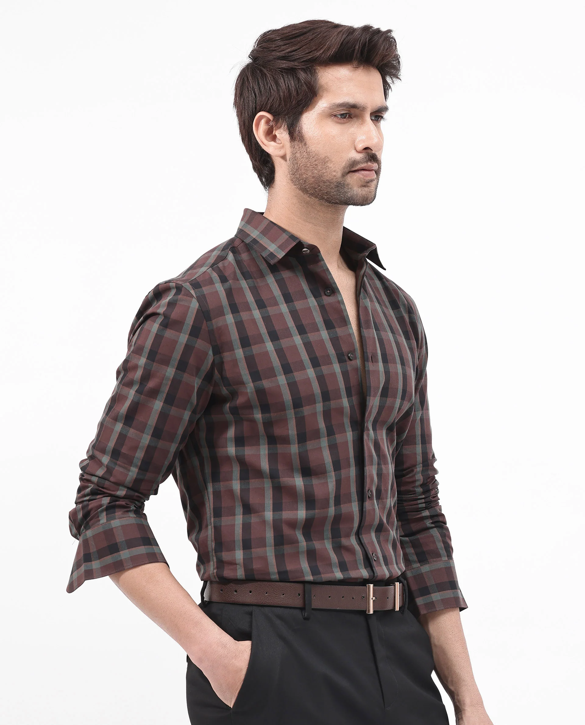 Rare Rabbit Men's Shiloh Brown Cotton Checked Print Regular Fit Full Sleeve Collared Shirt - Image 8