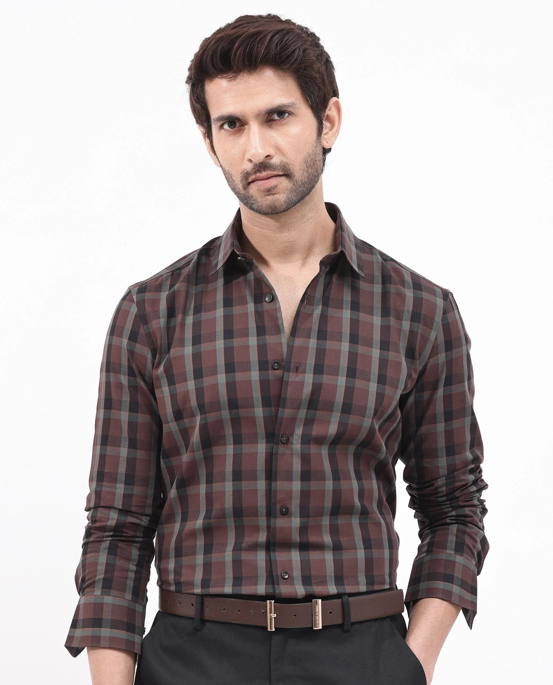 Rare Rabbit Men's Shiloh Brown Cotton Checked Print Regular Fit Full Sleeve Collared Shirt - Image 9