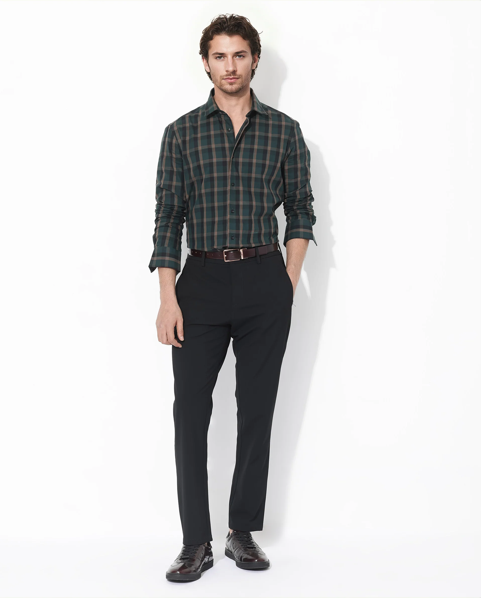 Rare Rabbit Men's Shiloh Dark Green Cotton Checked Print Regular Fit Full Sleeve Collared Shirt - Image 2