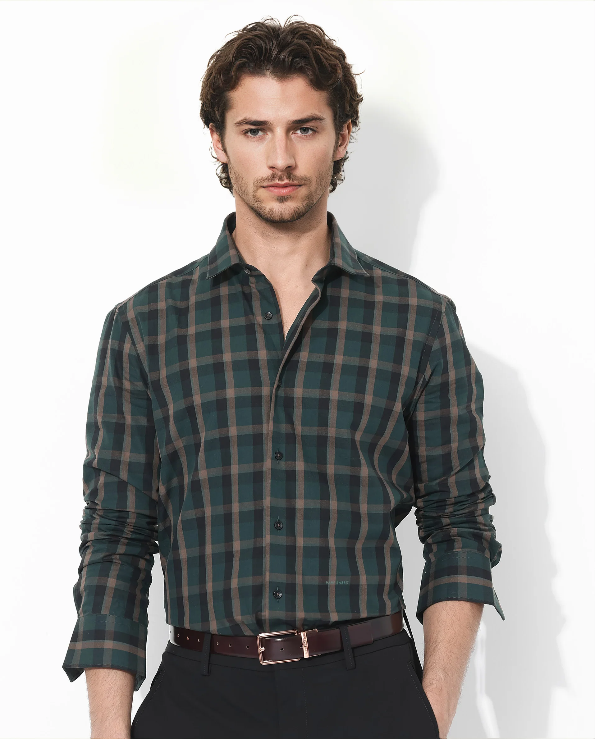 Rare Rabbit Men's Shiloh Dark Green Cotton Checked Print Regular Fit Full Sleeve Collared Shirt - Image 3