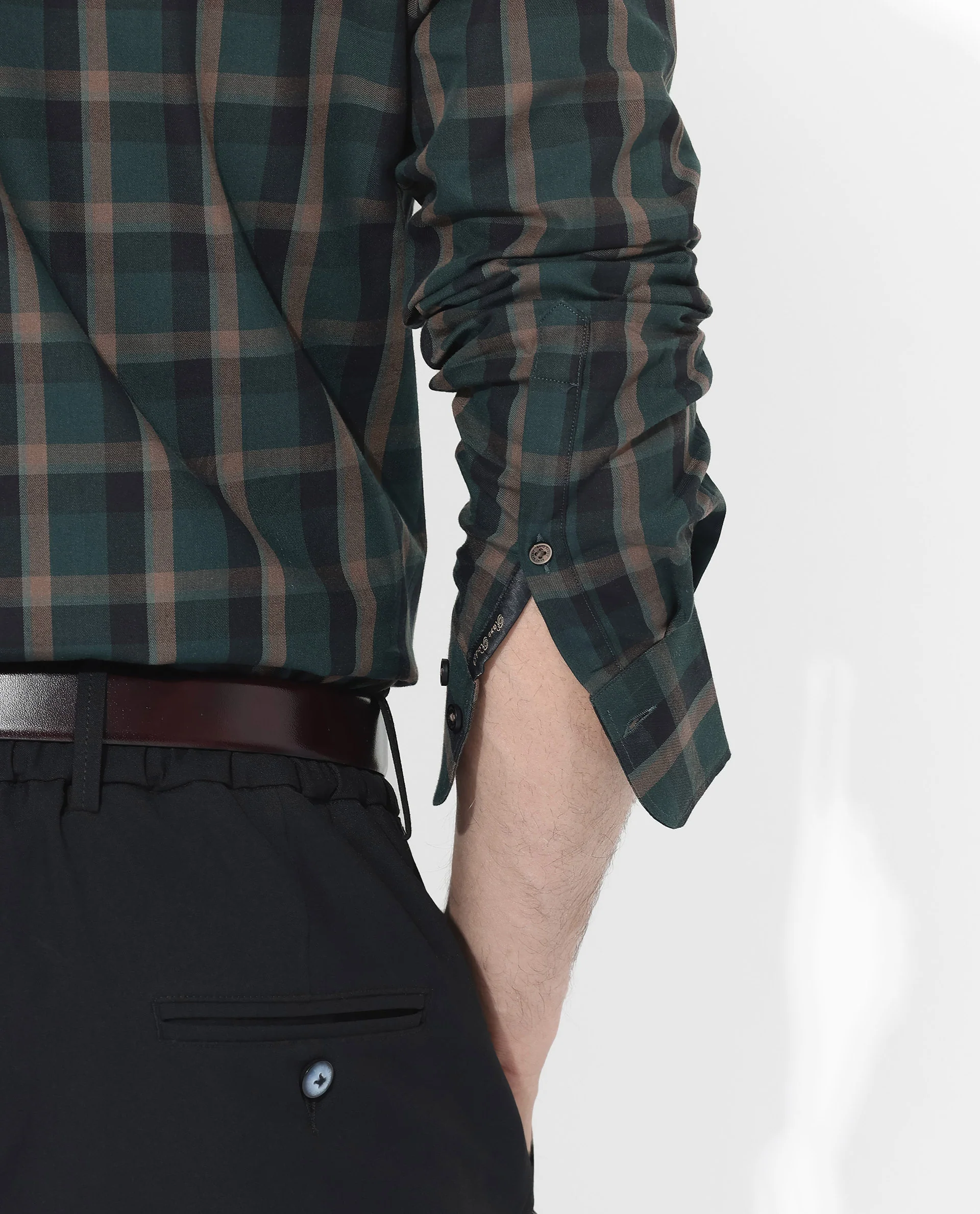 Rare Rabbit Men's Shiloh Dark Green Cotton Checked Print Regular Fit Full Sleeve Collared Shirt - Image 4