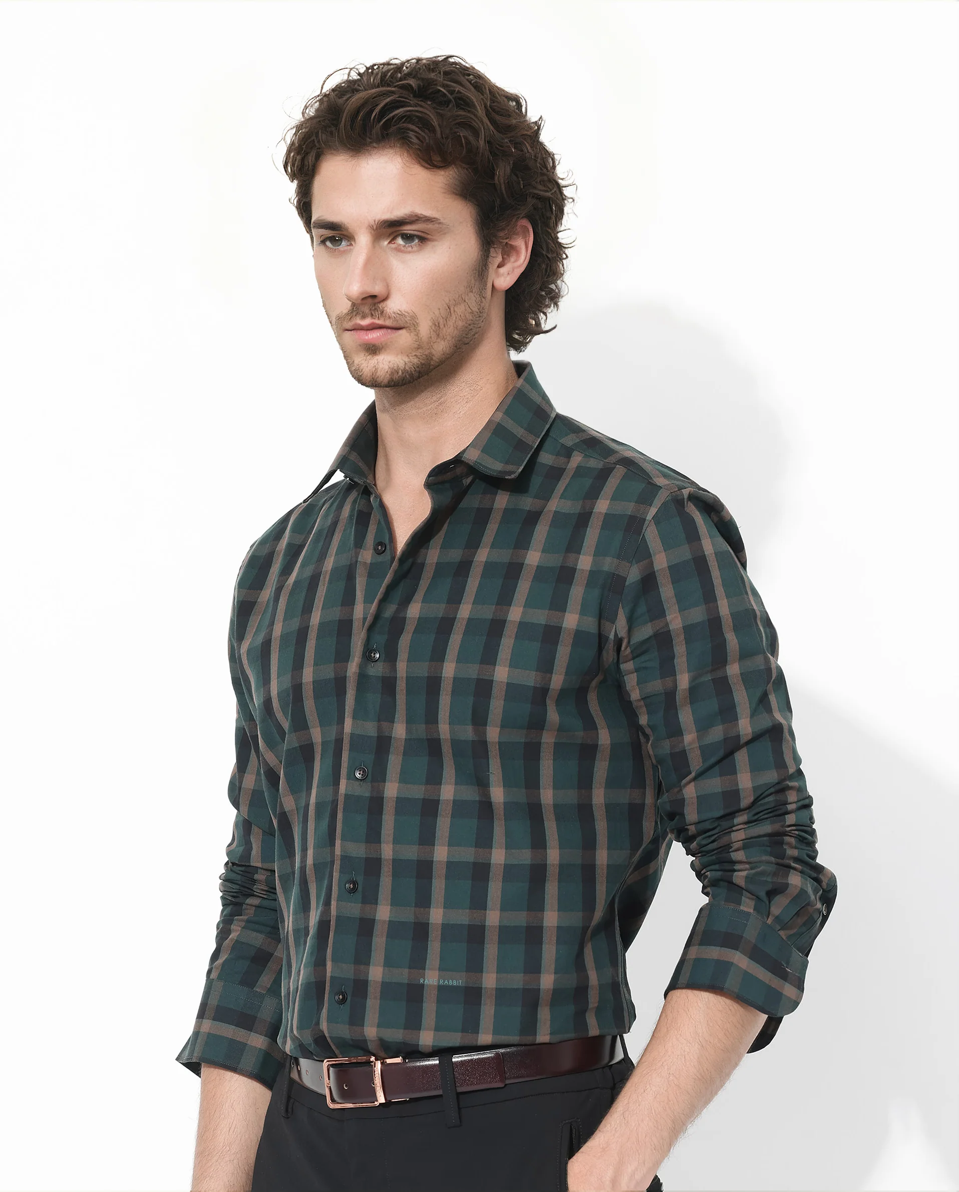 Rare Rabbit Men's Shiloh Dark Green Cotton Checked Print Regular Fit Full Sleeve Collared Shirt - Image 5