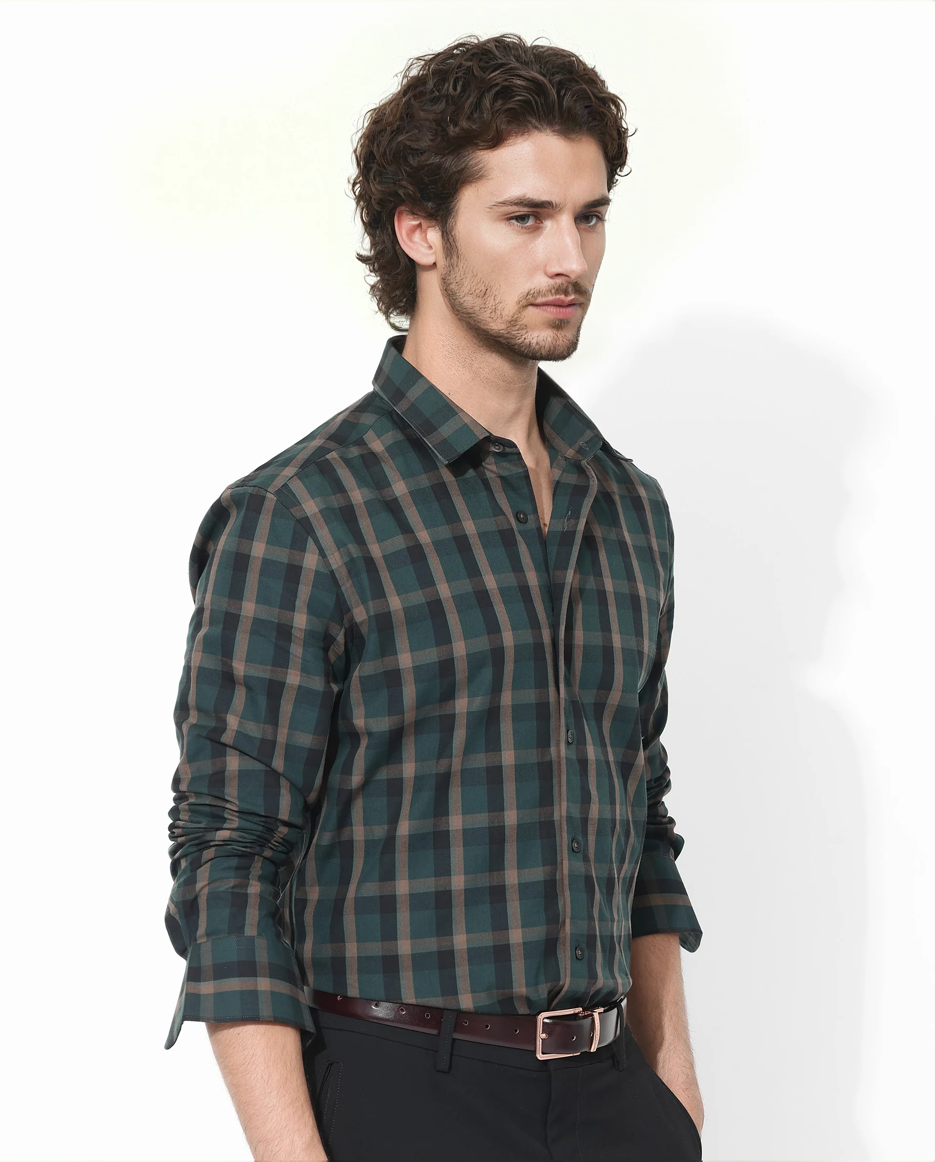 Rare Rabbit Men's Shiloh Dark Green Cotton Checked Print Regular Fit Full Sleeve Collared Shirt - Image 6
