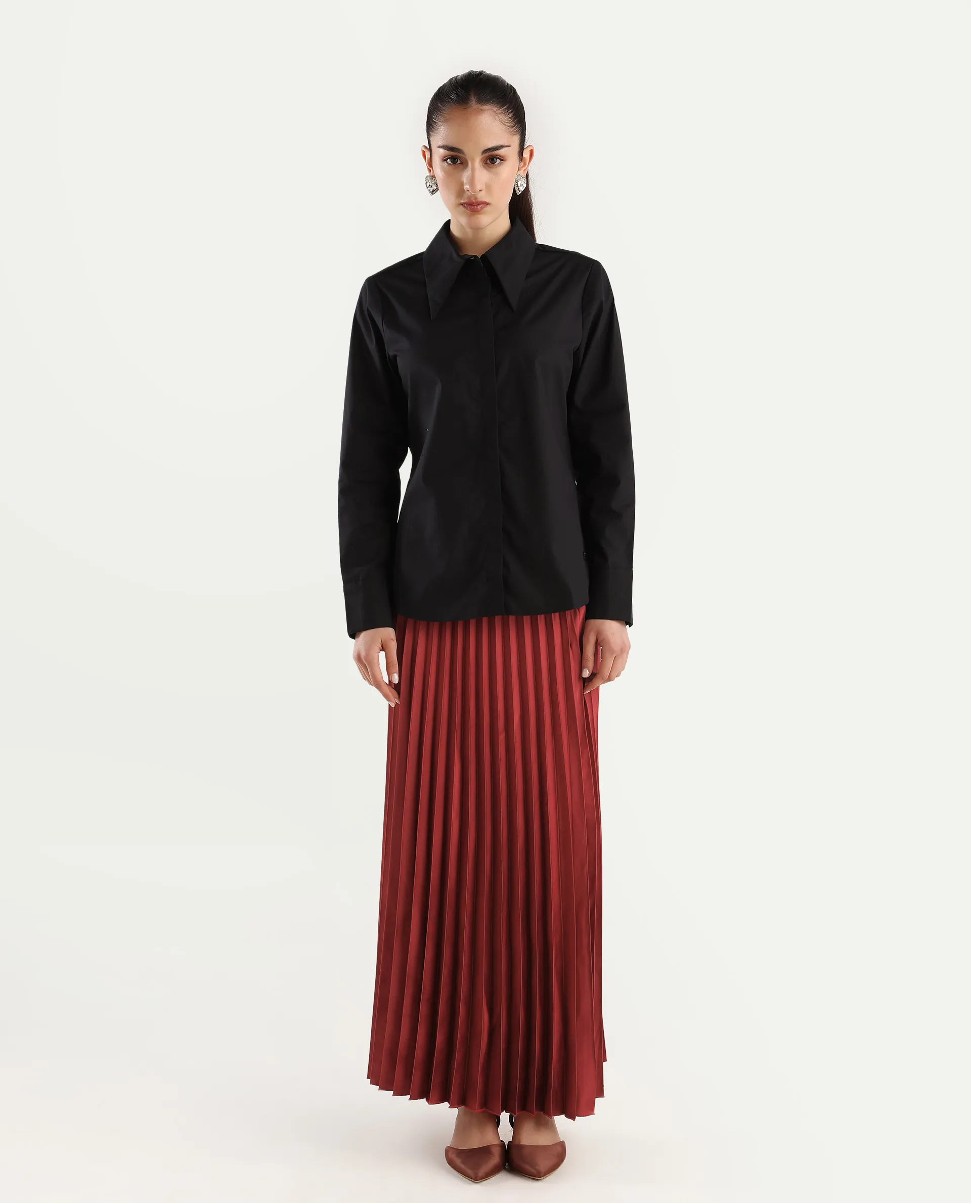 Rareism Women's Shilton Maroon Polyester Plain Ankle Length Regular Fit Skirt