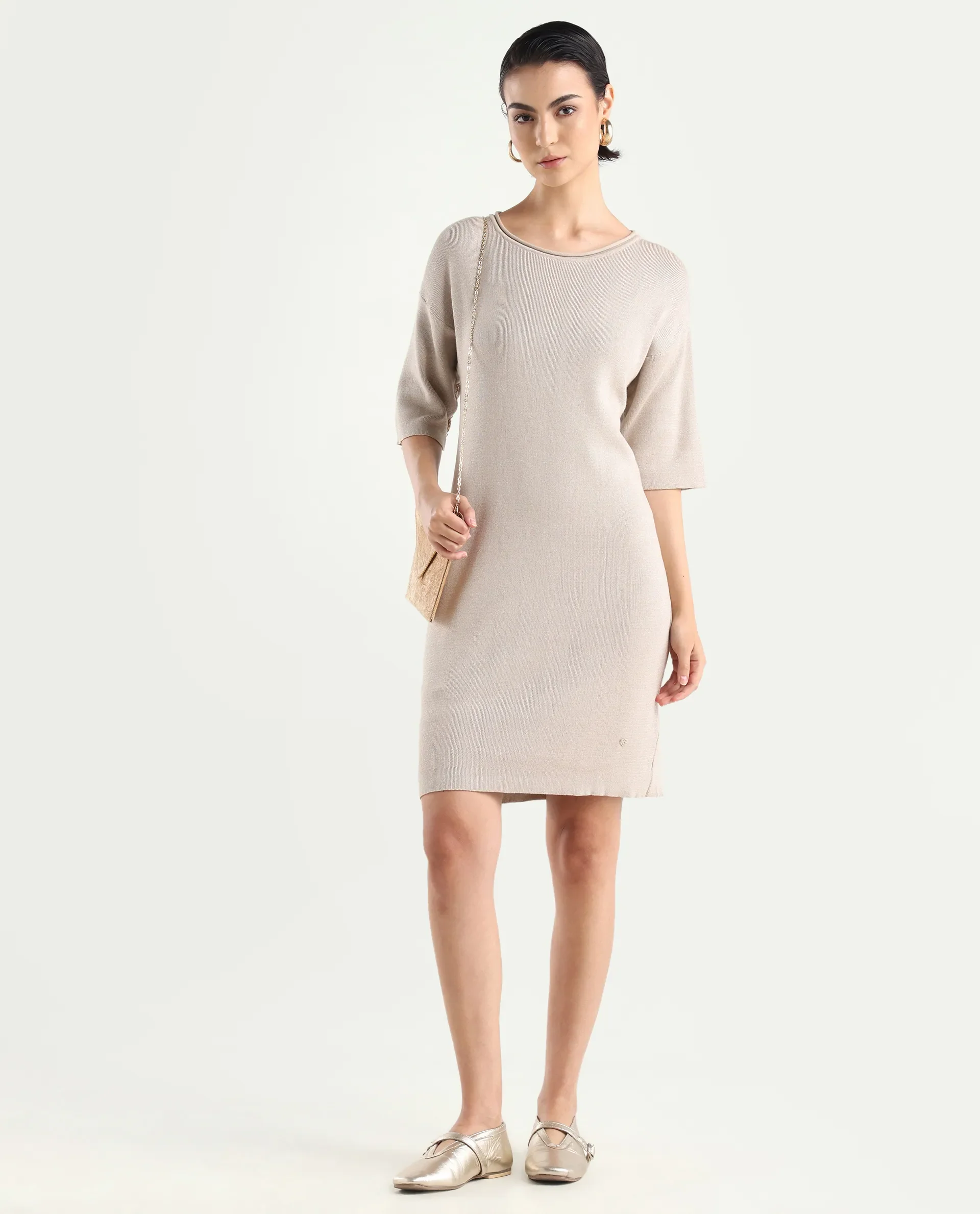 Rareism Women's Shimknit Beige Cotton Boat Neck Plain Relaxed Fit Sweater - Image 2