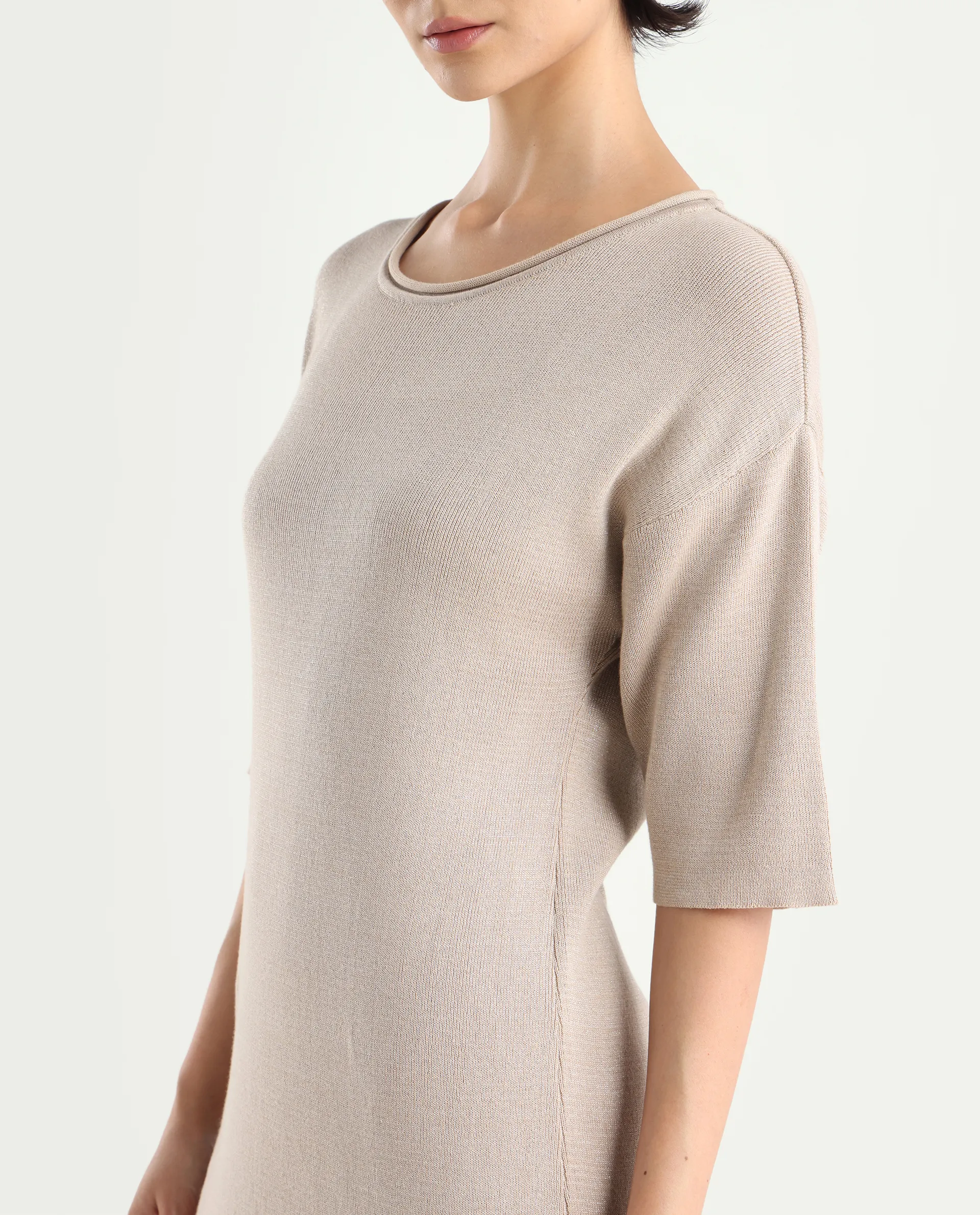 Rareism Women's Shimknit Beige Cotton Boat Neck Plain Relaxed Fit Sweater - Image 3