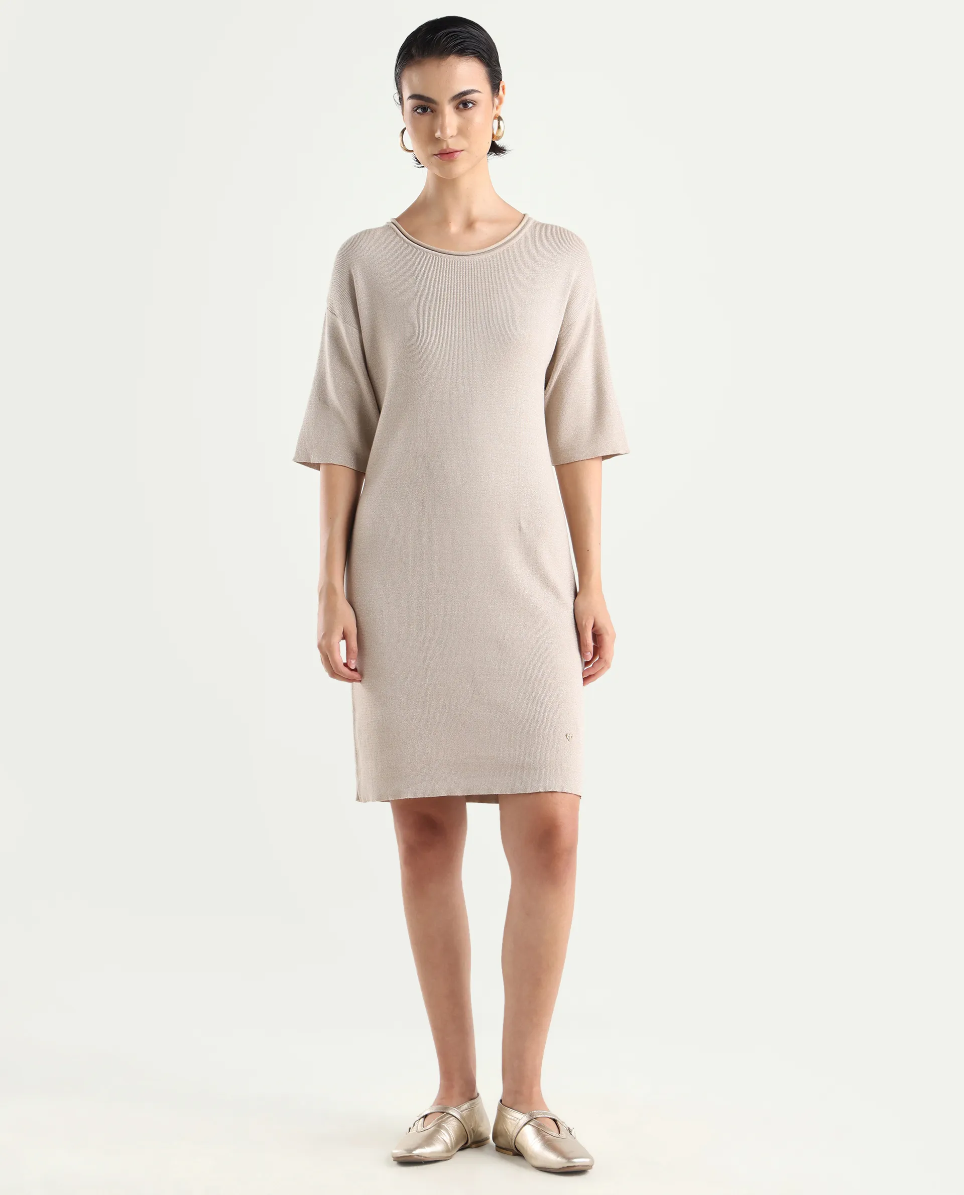 Rareism Women's Shimknit Beige Cotton Boat Neck Plain Relaxed Fit Sweater - Image 4