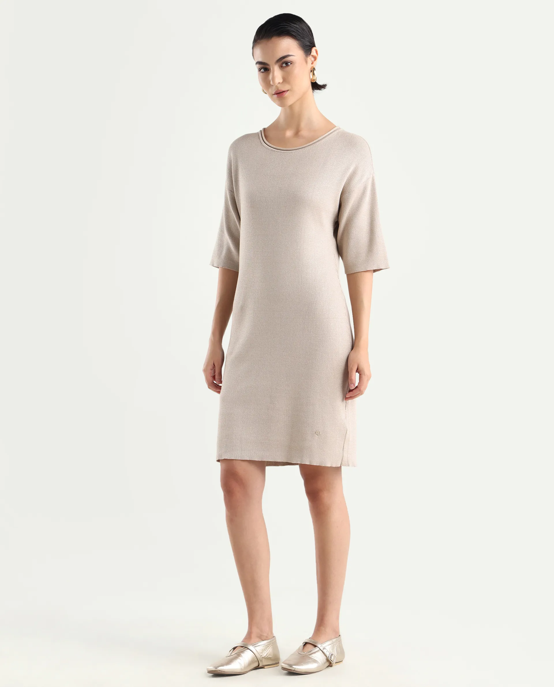 Rareism Women's Shimknit Beige Cotton Boat Neck Plain Relaxed Fit Sweater - Image 5