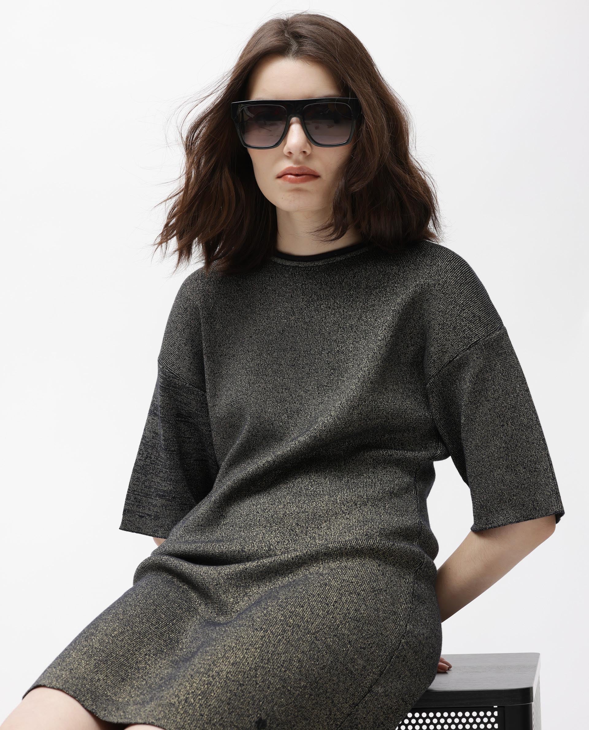 Rareism Women's Shimknit Black Cotton Boat Neck Plain Relaxed Fit Sweater - Image 4