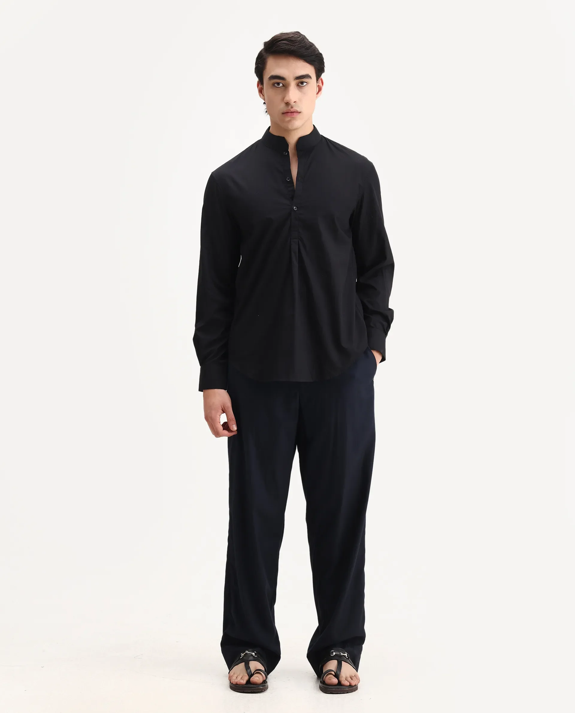 Rare Rabbit Men's Shin Black Cotton Plain Regular Fit Full Sleeve Mandarin Collar Shirt - Image 2