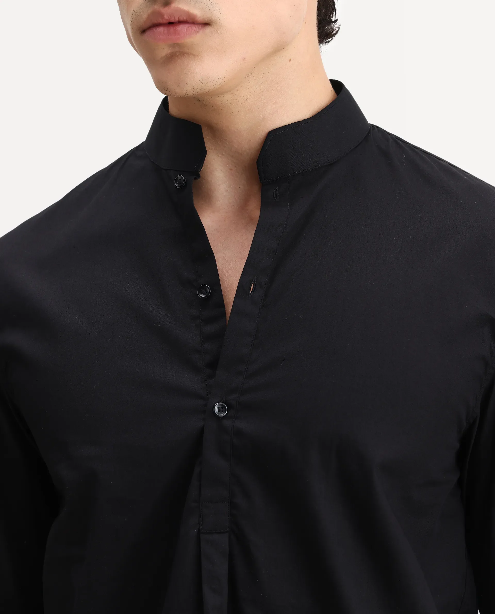 Rare Rabbit Men's Shin Black Cotton Plain Regular Fit Full Sleeve Mandarin Collar Shirt - Image 3