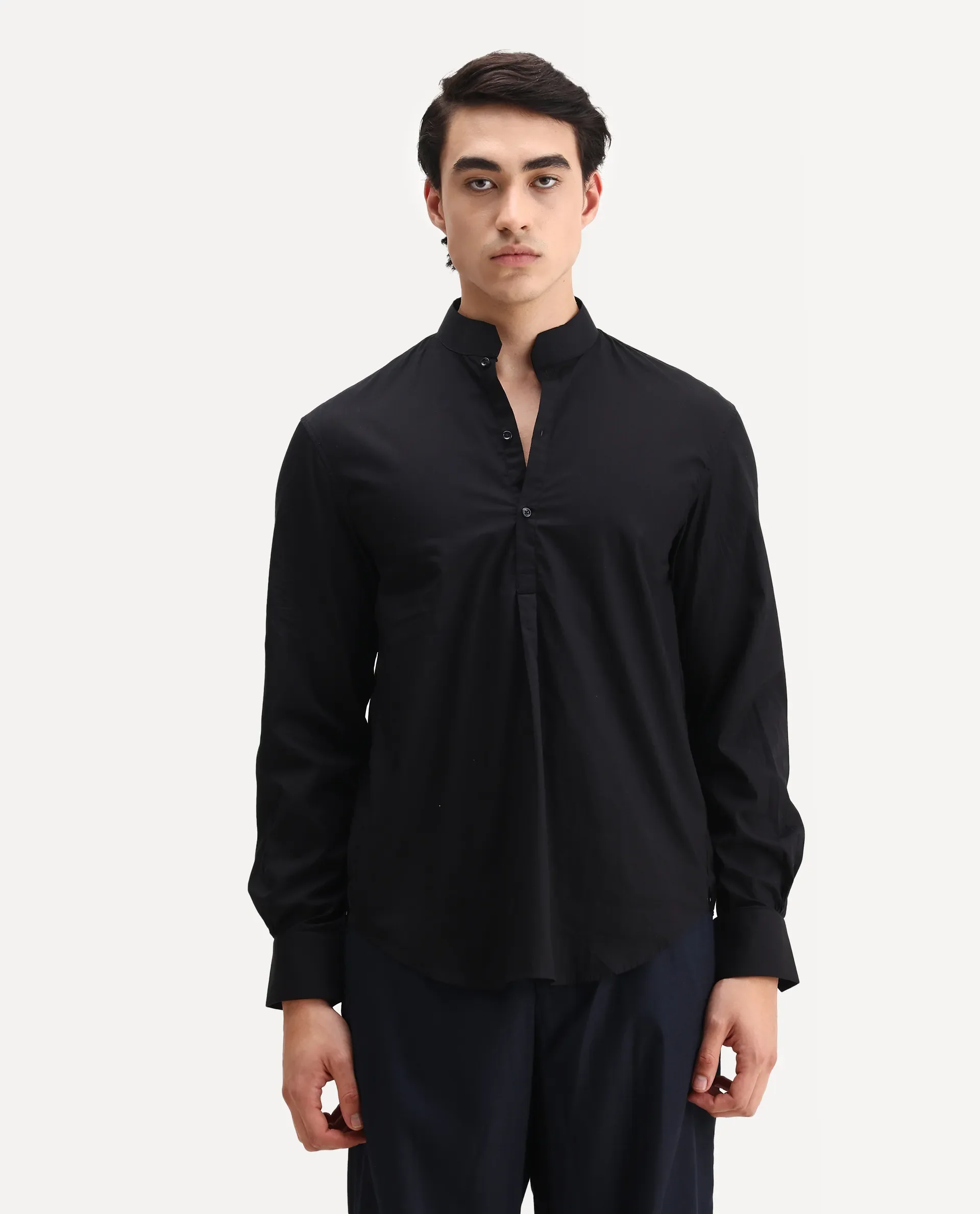 Rare Rabbit Men's Shin Black Cotton Plain Regular Fit Full Sleeve Mandarin Collar Shirt - Image 4