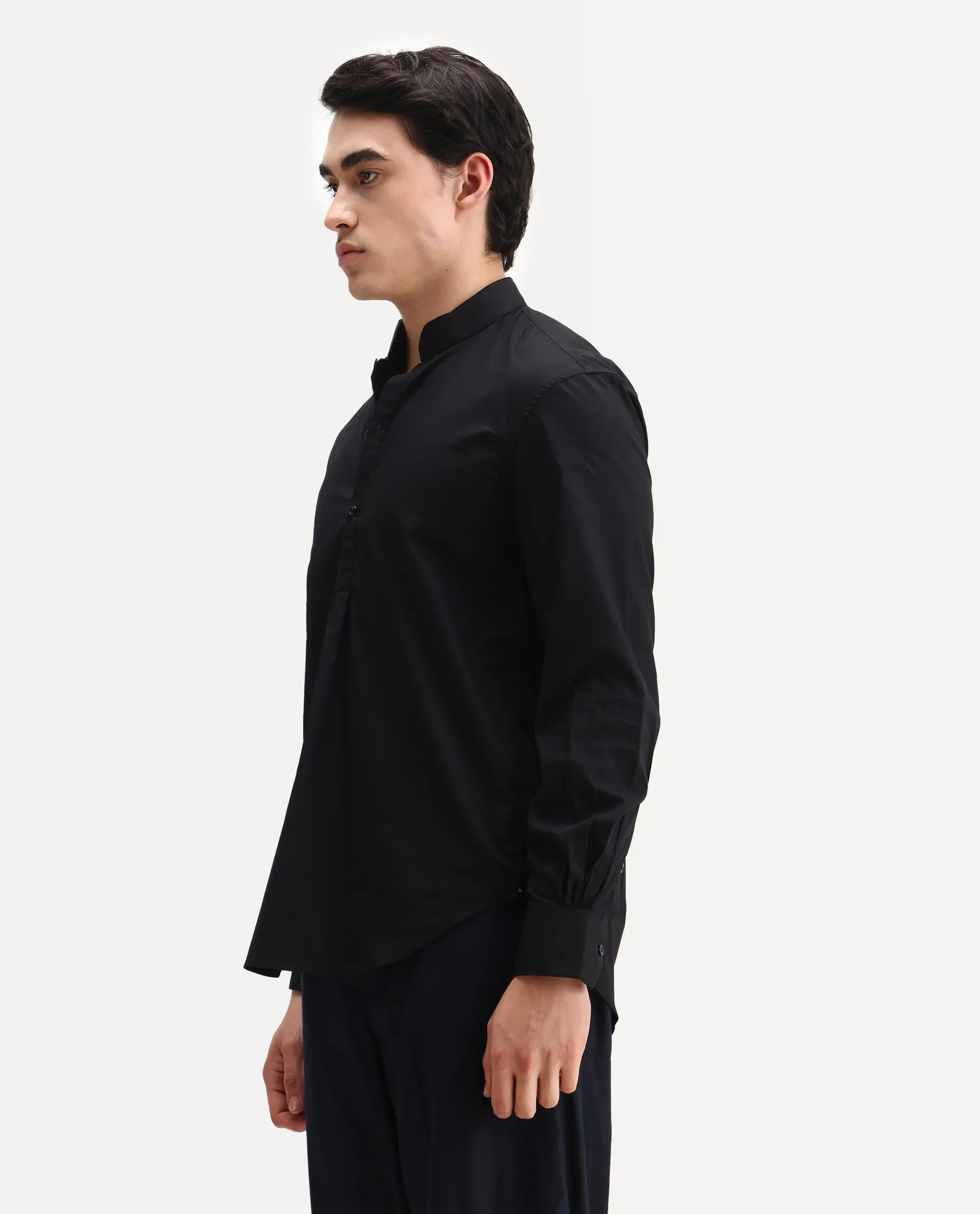 Rare Rabbit Men's Shin Black Cotton Plain Regular Fit Full Sleeve Mandarin Collar Shirt - Image 5