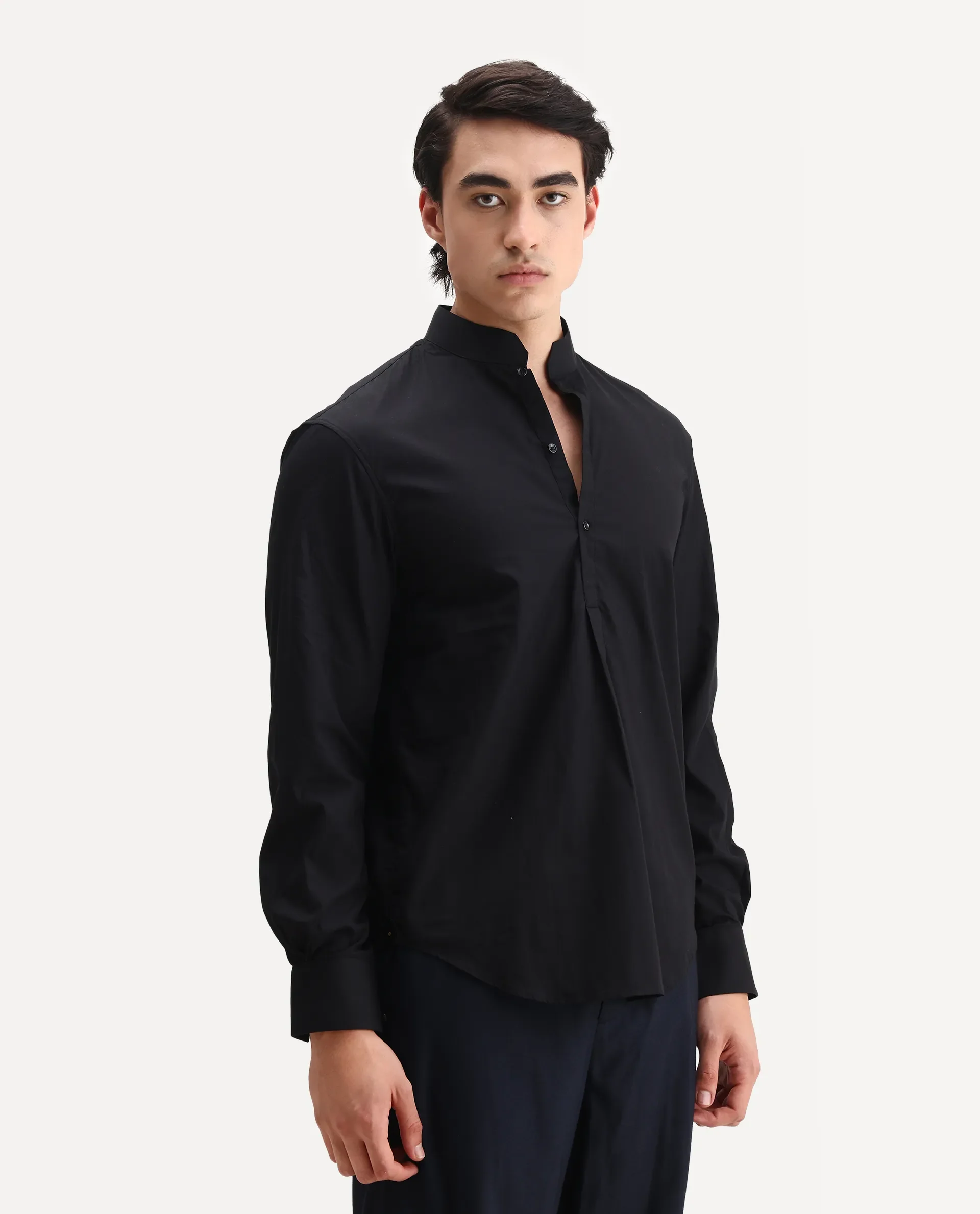 Rare Rabbit Men's Shin Black Cotton Plain Regular Fit Full Sleeve Mandarin Collar Shirt - Image 6